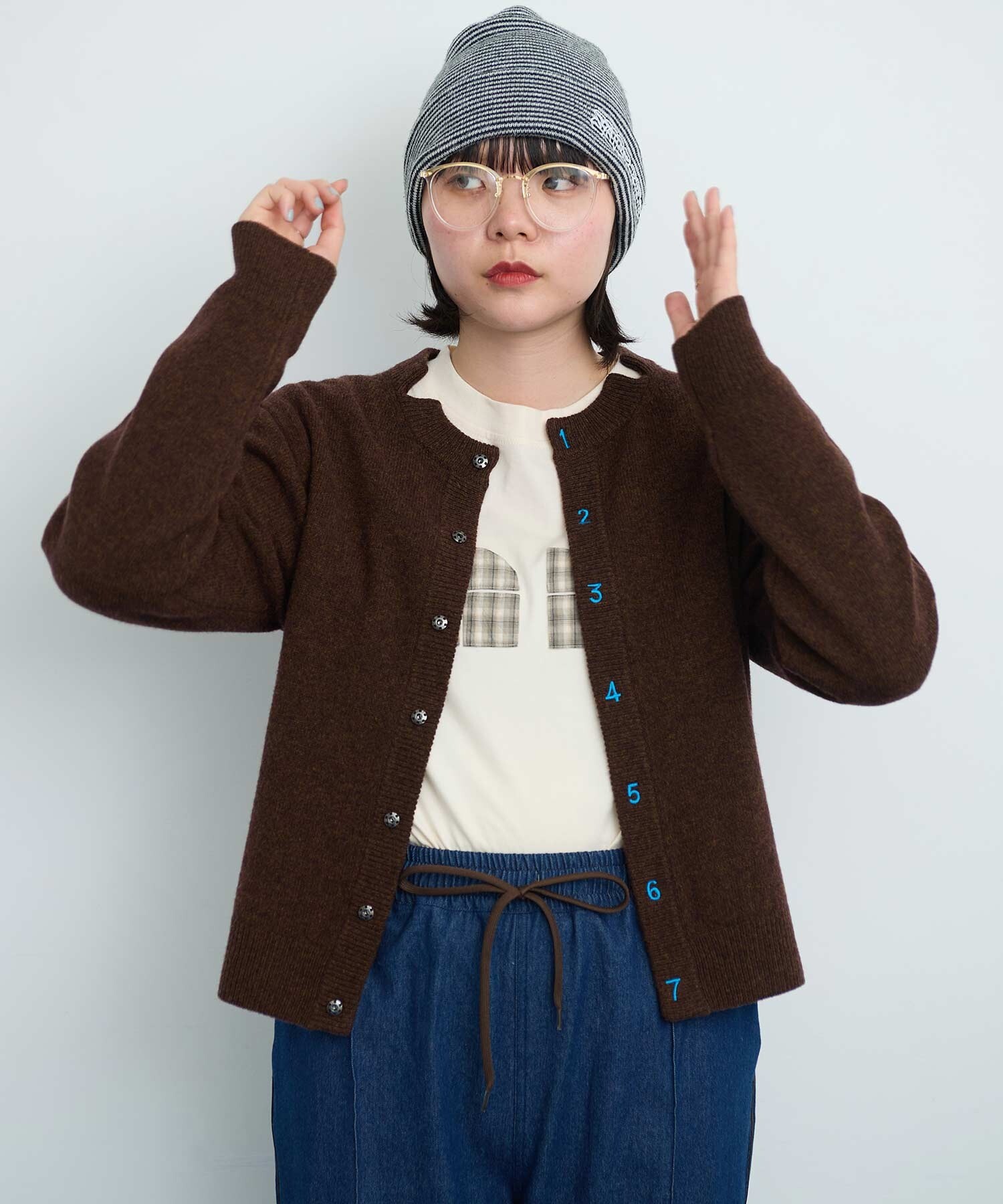 AMBIDEX Store 〇UPW数字刺繍クルーカーディガン (F パープル