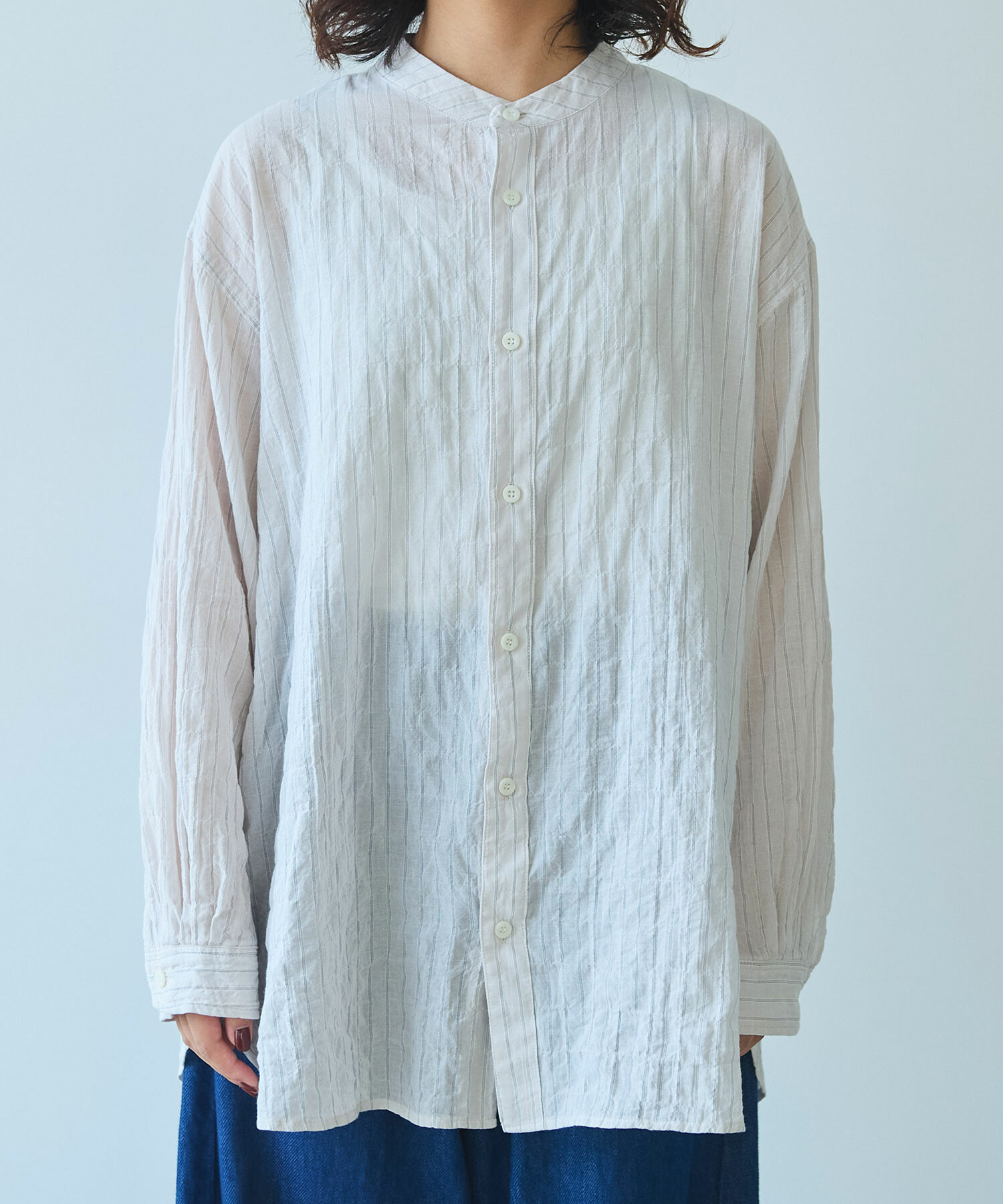 AMBIDEX Store 〇 shirring stripe バンドカラーシャツ(F ピンク