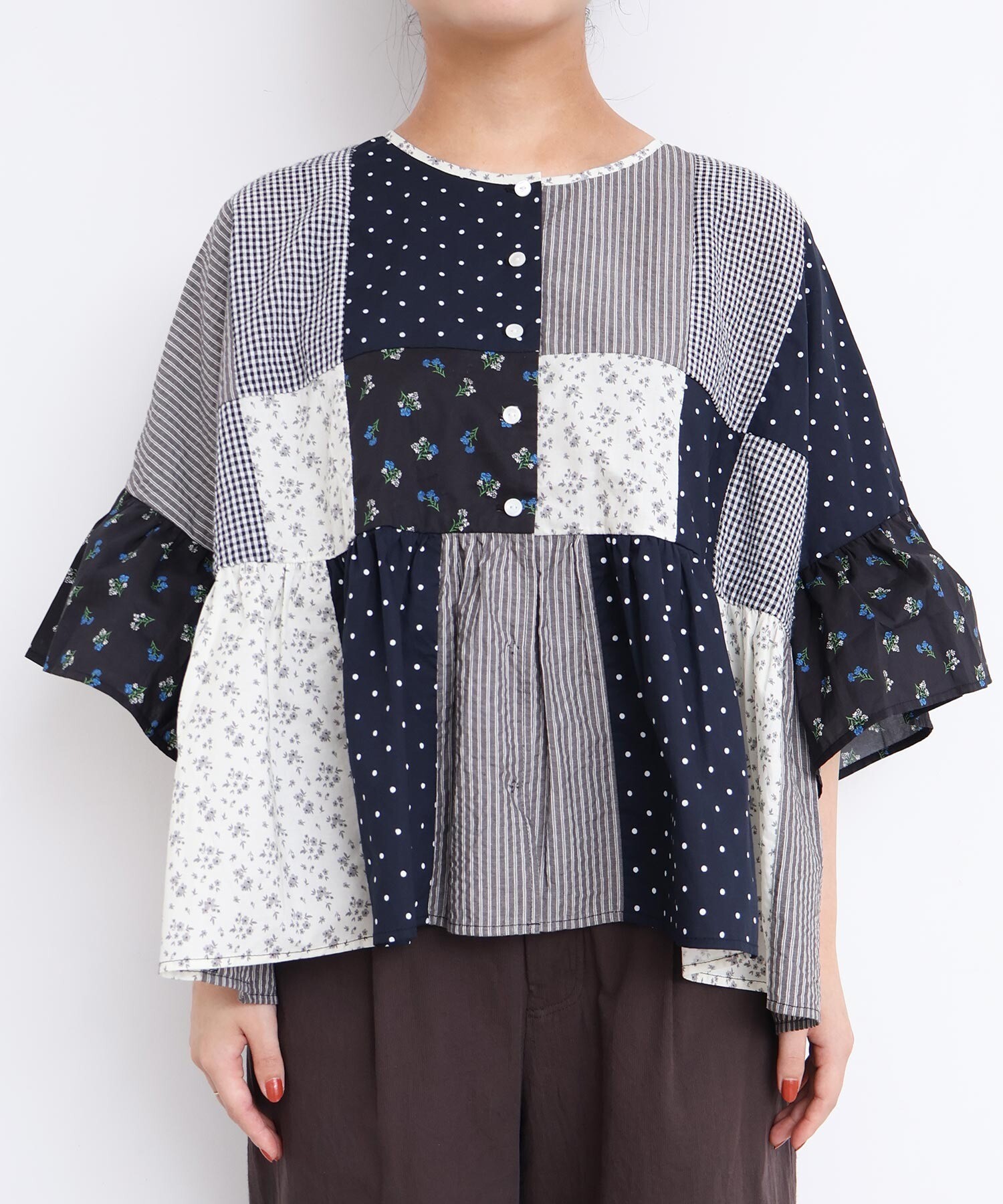 AMBIDEX Store little garden パッチワークブラウス(F クロ): l