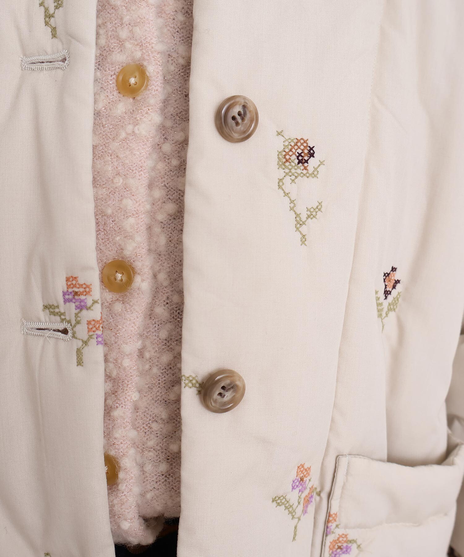 AMBIDEX Store 〇お花のクロスステッチ キルト刺繍コート(F キナリ): l