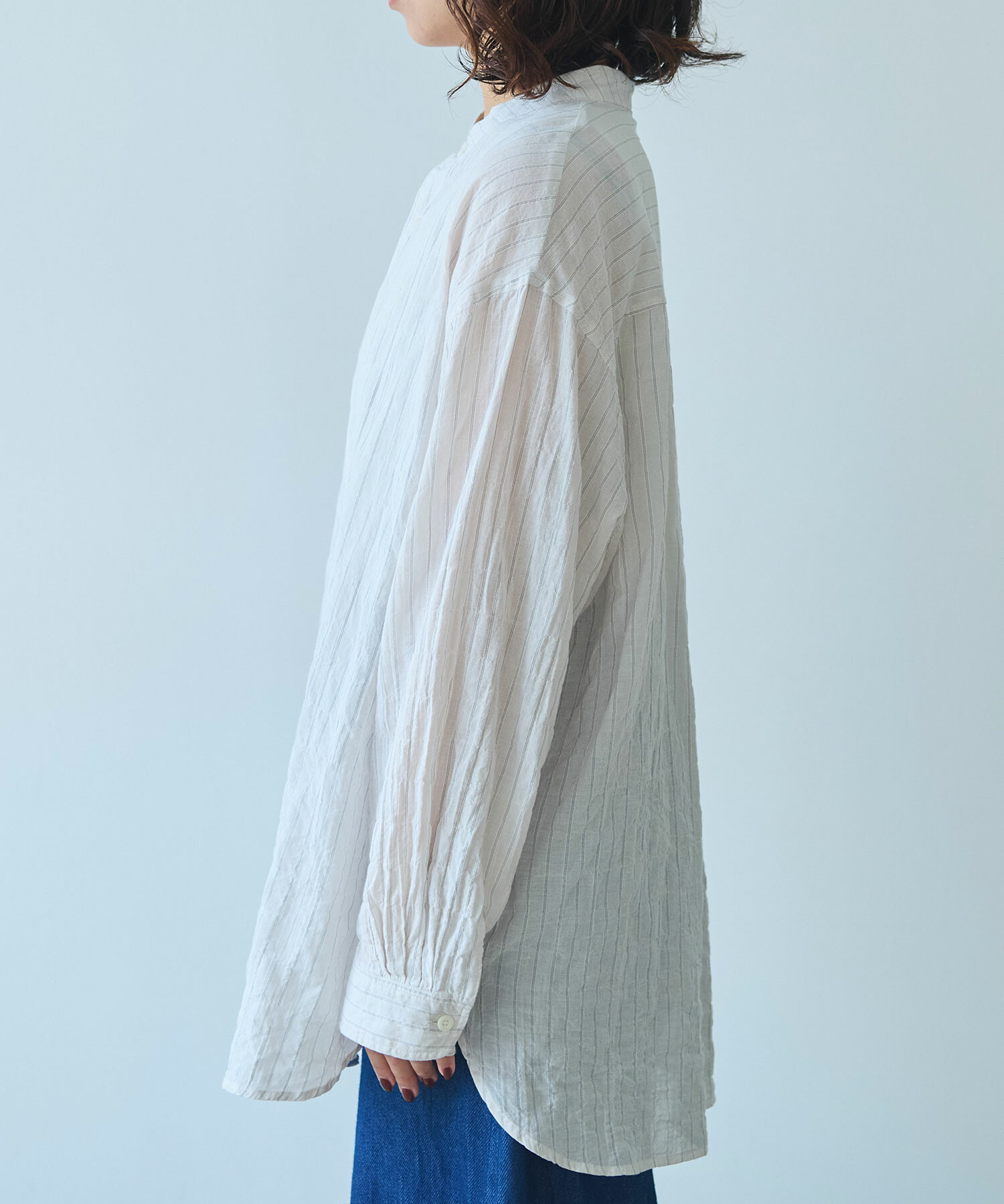 AMBIDEX Store 〇 shirring stripe バンドカラーシャツ(F ピンク