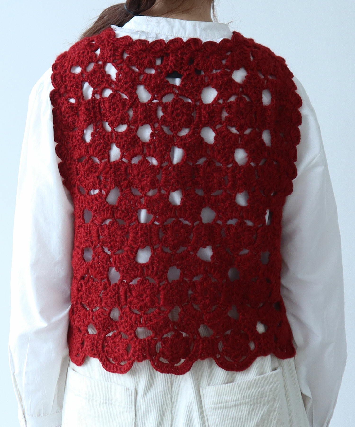 bulle de savon ネパールハンドニット　かぎ針レースベスト AMBIDEX Store ○ ネパールハンドニット かぎ針レース ベスト(F アカ