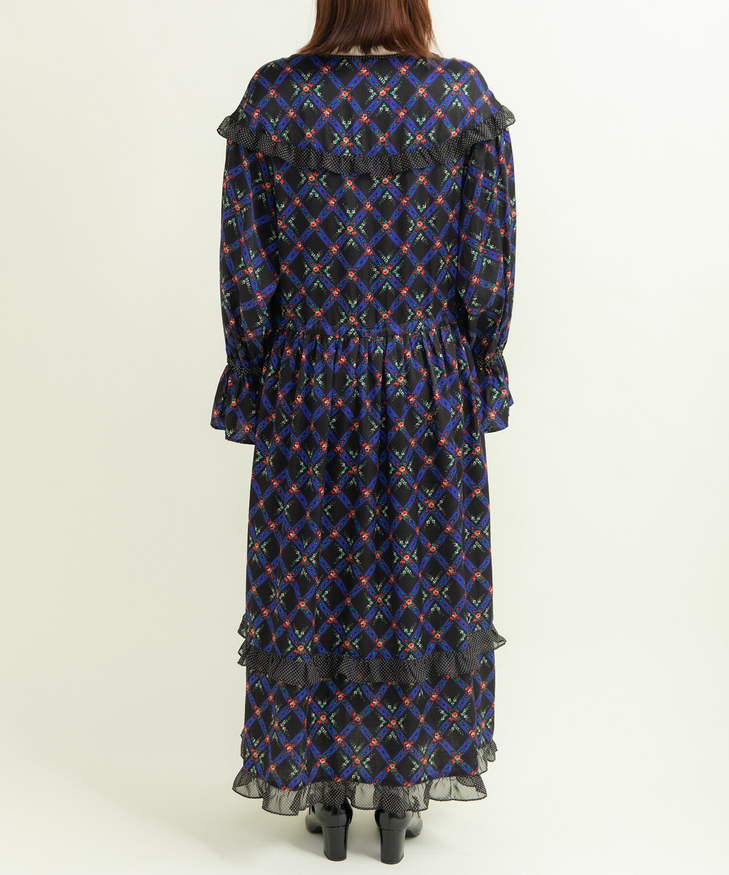 チェックフラワープリント フリルティアードワンピース