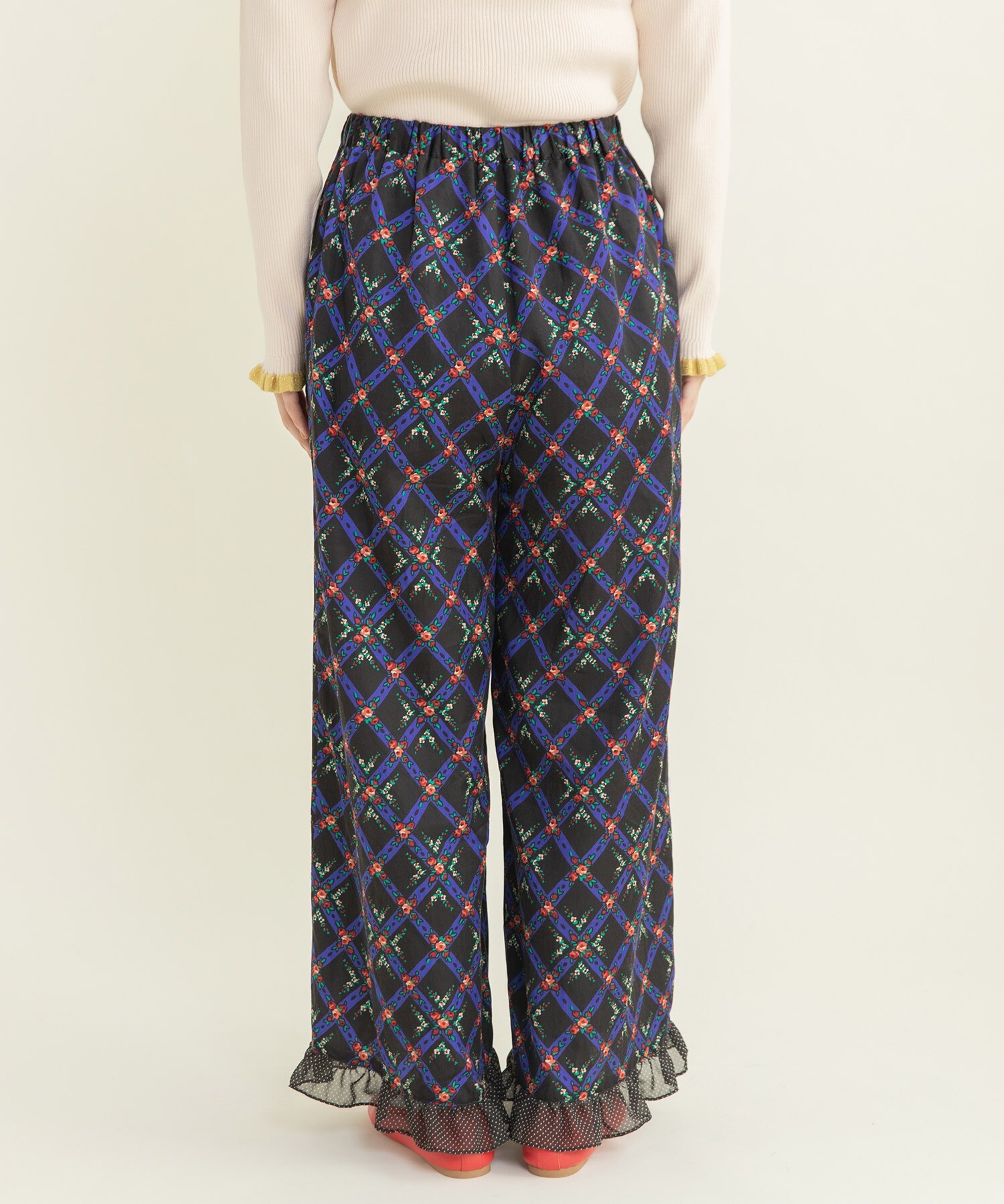 AMBIDEX Store ○チェックフラワープリント 裾フリルパンツ(F キナリ