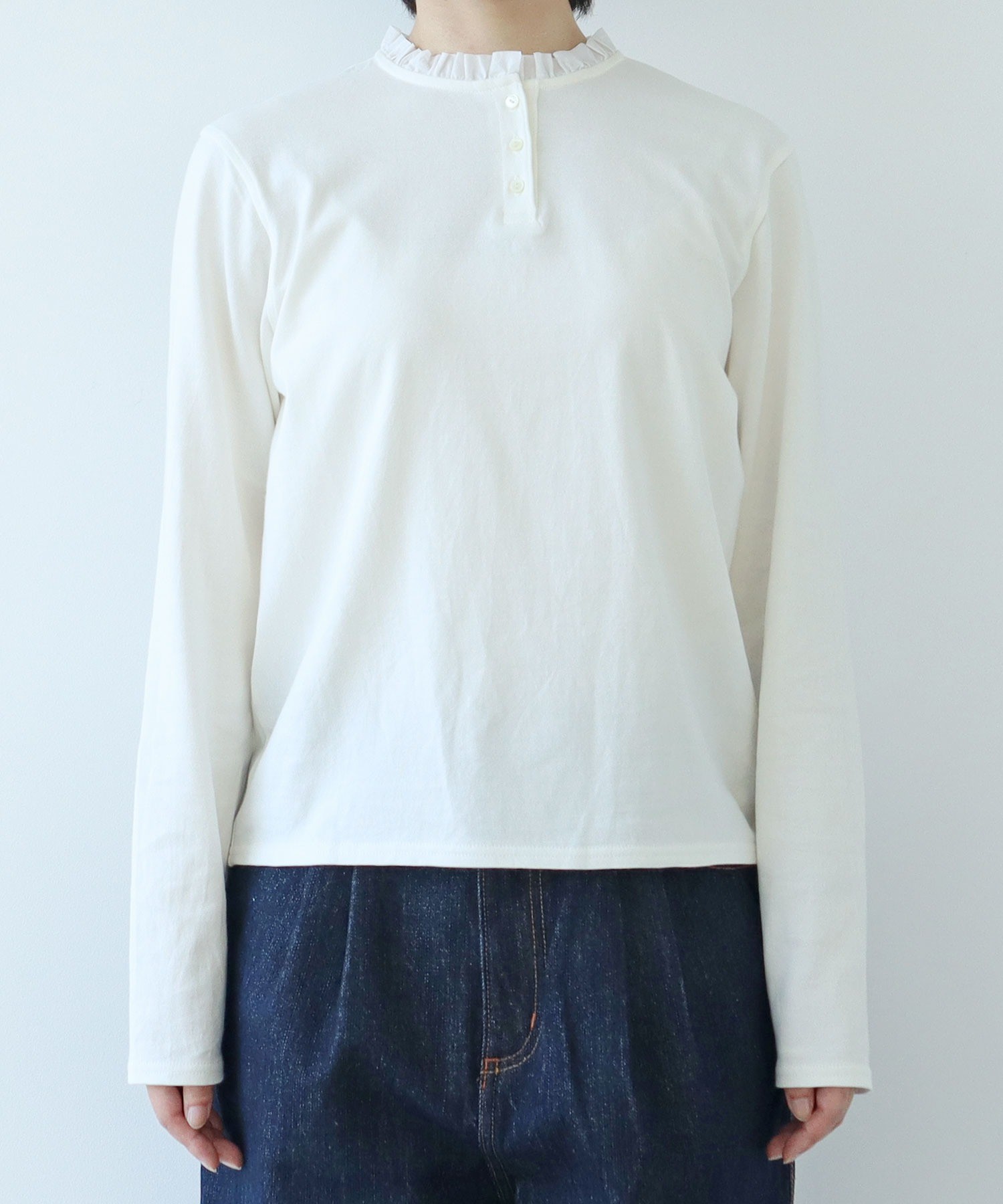 AMBIDEX Store ○コーマ天竺 ヘンリーネックフリルカットソー(F シロ