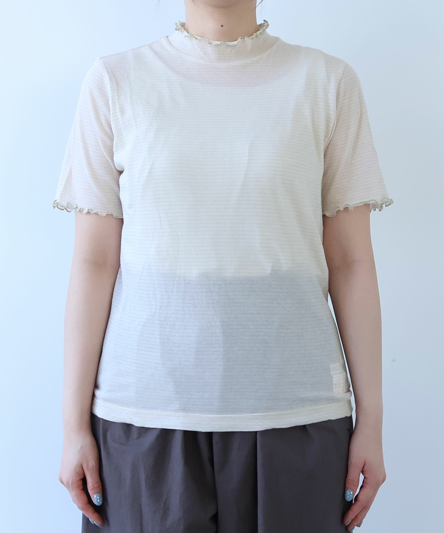 AMBIDEX Store ○ 60/-×60/- ボーダー ハイネック 半袖プルオーバー(F