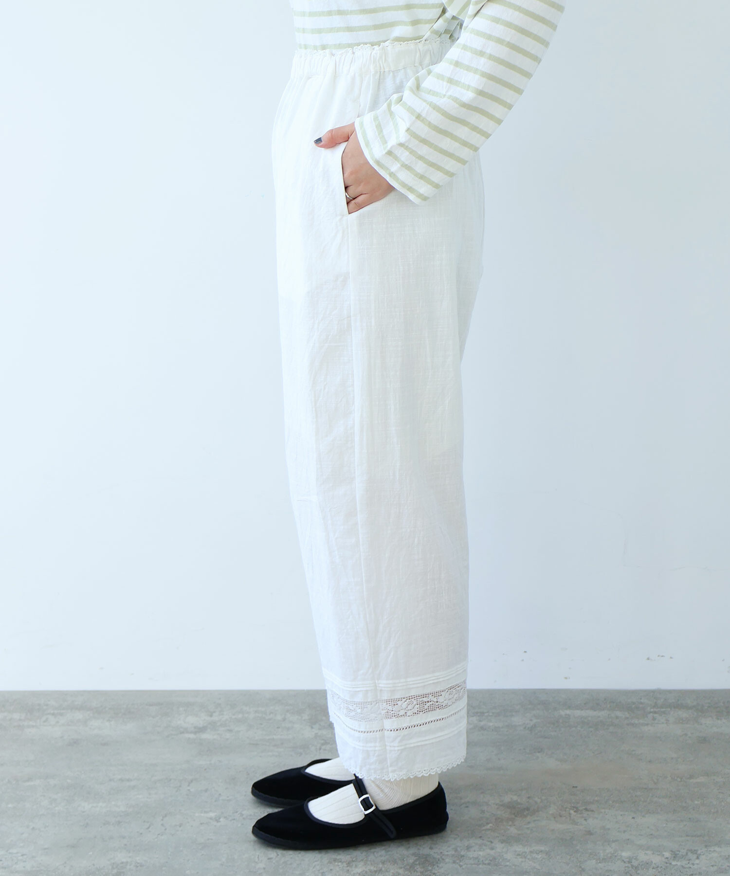 AMBIDEX Store 〇 コットン / リネン lace×pin tuck パンツ(F クロ