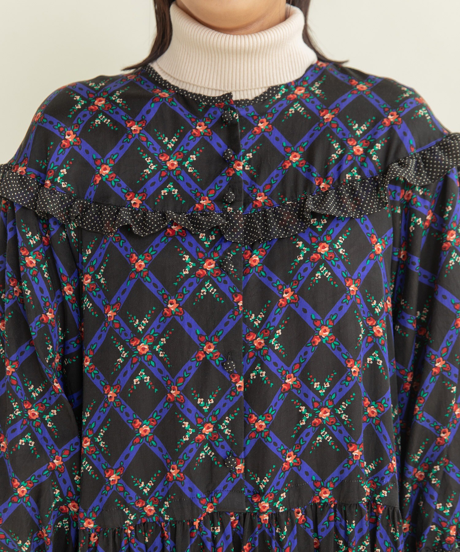 チェックフラワープリント フリルティアードワンピース