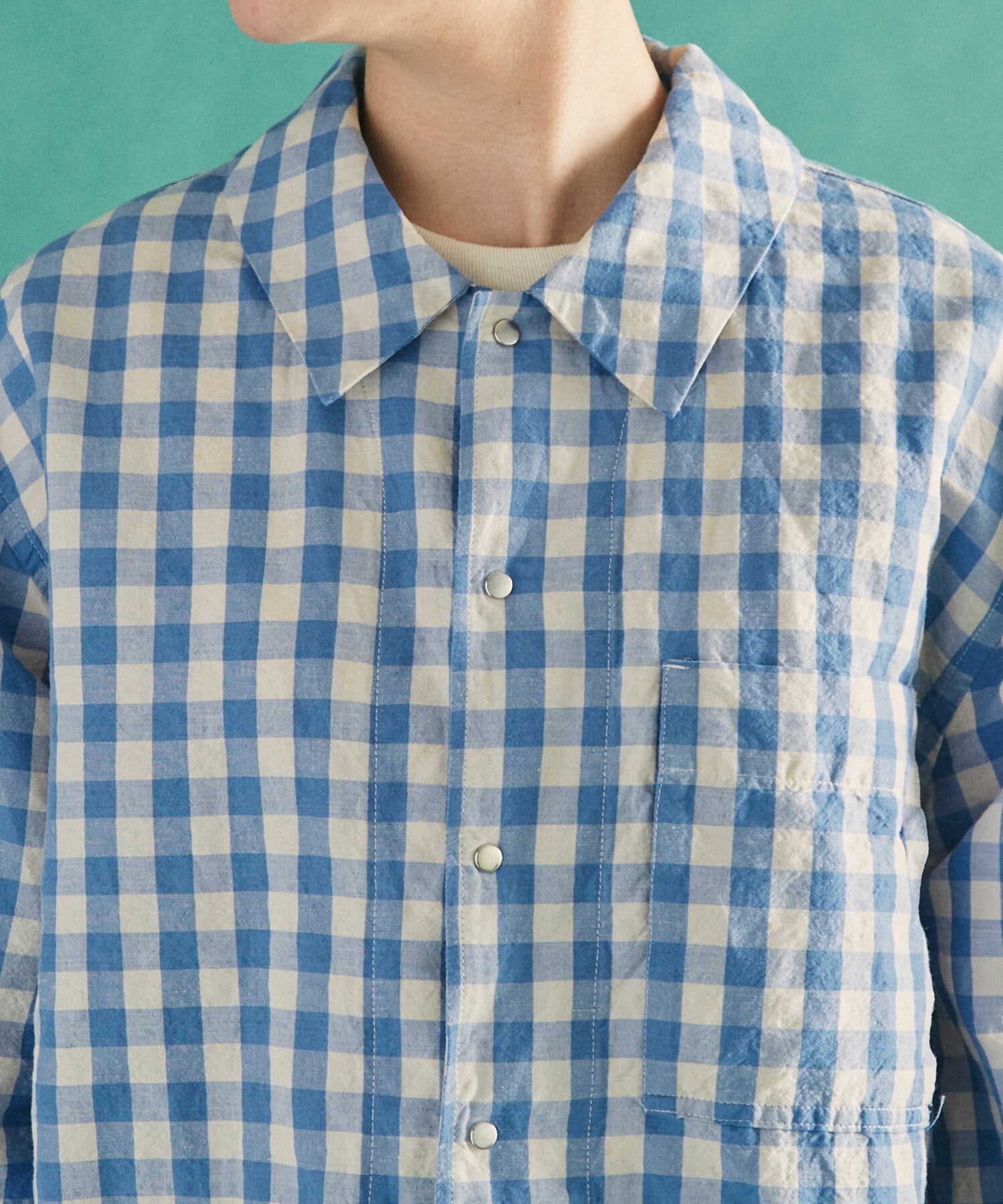 AMBIDEX Store コットン/リネン ギンガム ジャケットシャツ(F BLUE