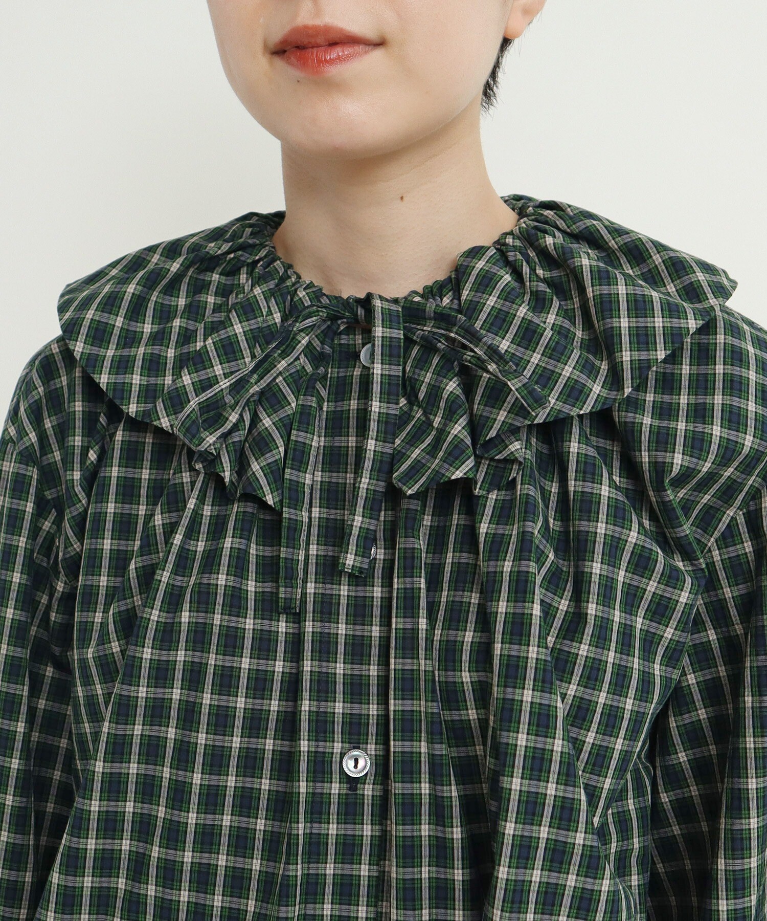 AMBIDEX Store ○60sミニチェック フリルブラウス(F グリーン): CHILD