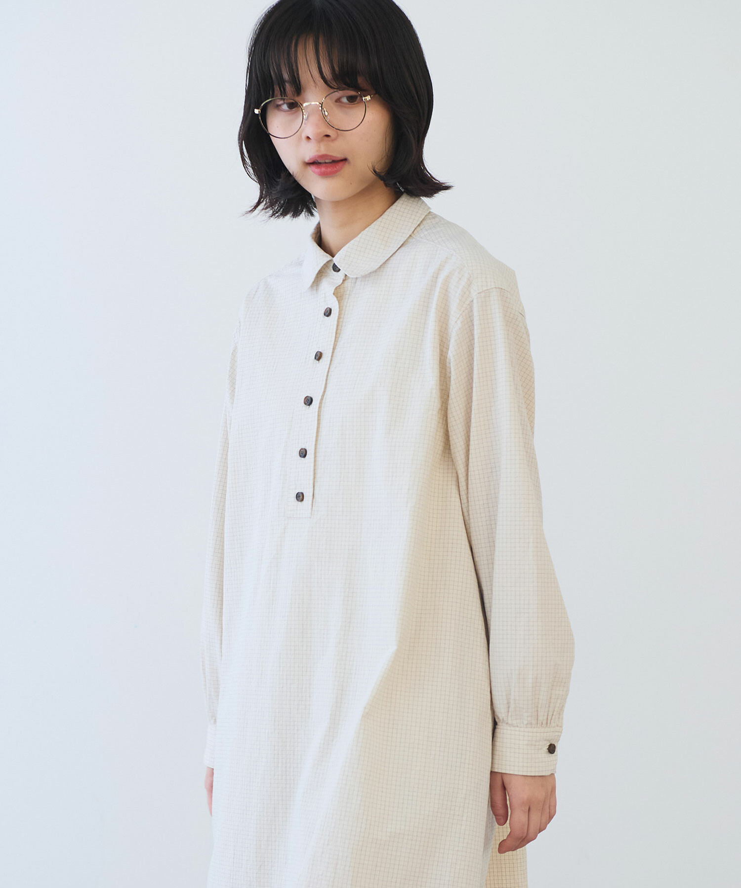 AMBIDEX Store △〇 ナチュラルリップルボイル シャツワンピース(F アイボリーチェック): bulle de savon