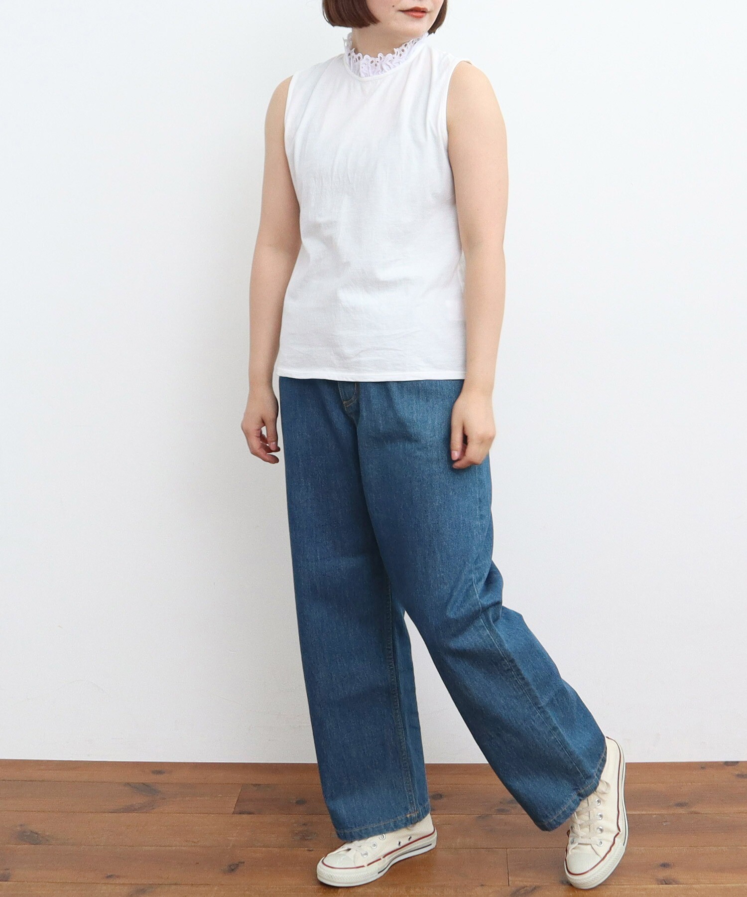 AMBIDEX Store △○30/-天竺 レース襟ノースリインナー(F シロ