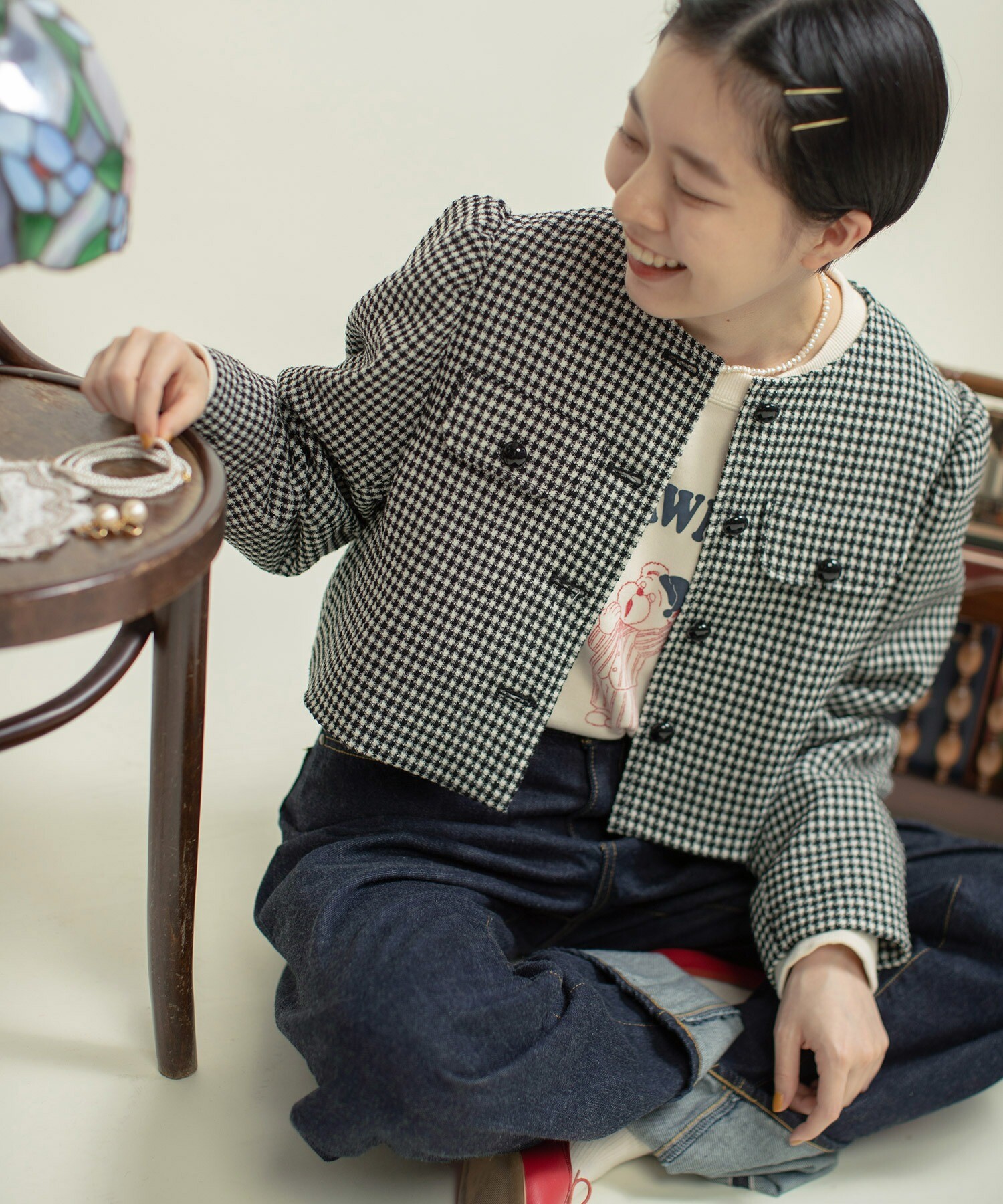 PINKHOUSE　ギンガムチェック　熊　ベアー　長袖　ジャケット　ネイビー セール】 クマ耳フード付きギンガムチェックベストブラウス （ベスト