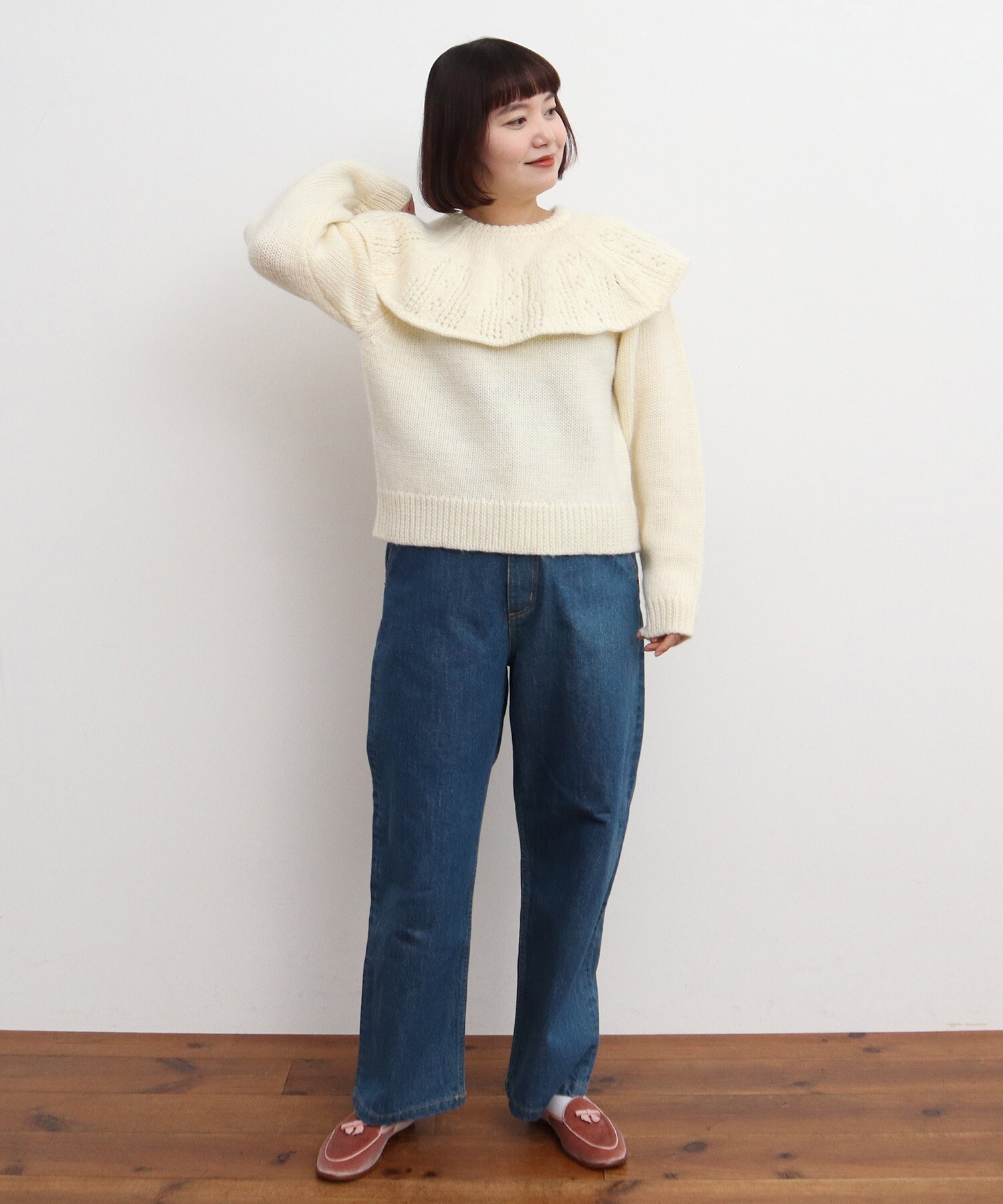 AMBIDEX Store ○1/3Wool 透かし編みケープ襟プルオーバー(F キナリ