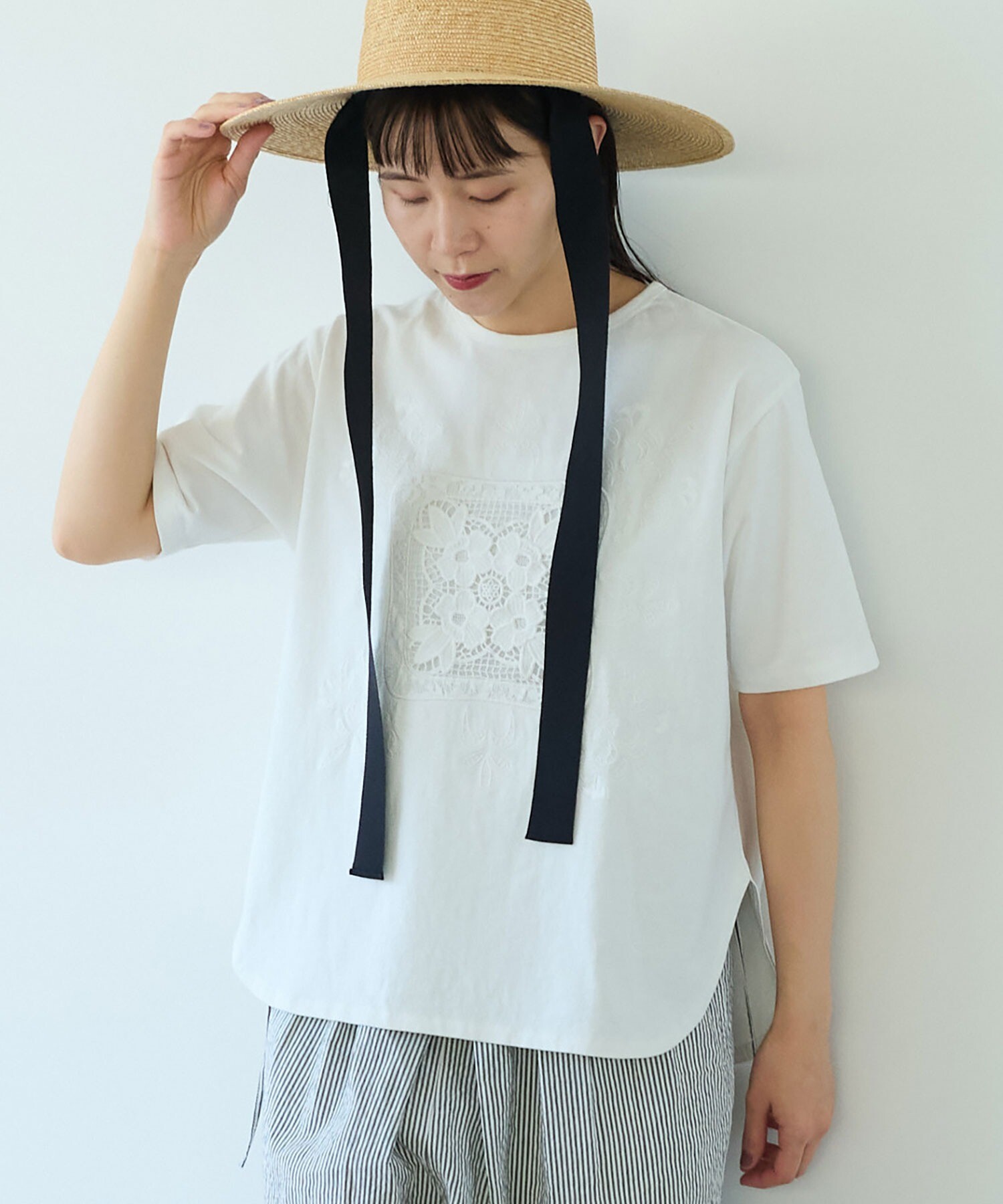 AMBIDEX Store 【予約販売】○コットンレース刺繍Tシャツ(F クロ AMBIDEX Store 【予約販売】○コットンレース刺繍Tシャツ(F クロ