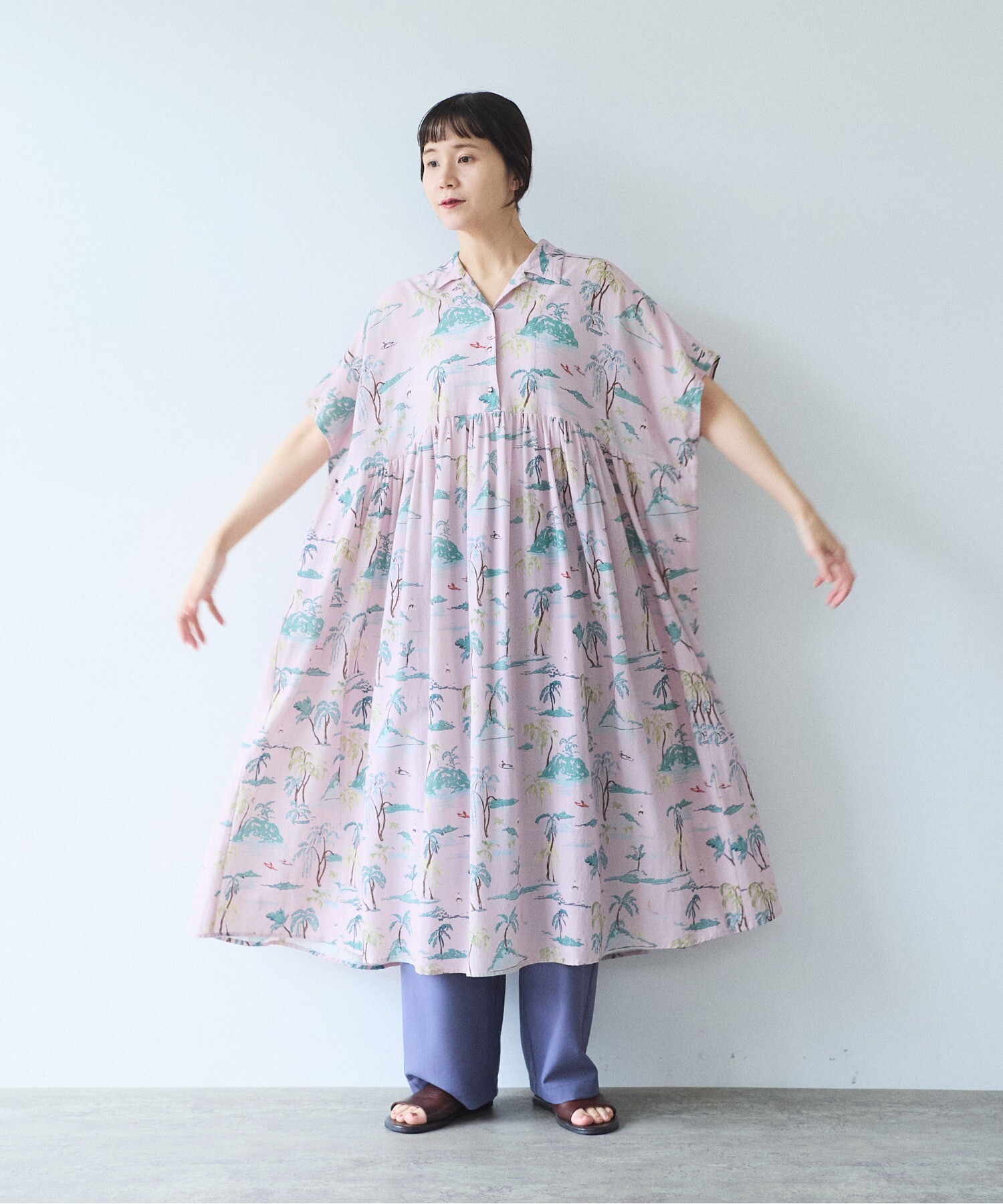 AMBIDEX Store Island print tiered open collar ワンピース(F ピンク