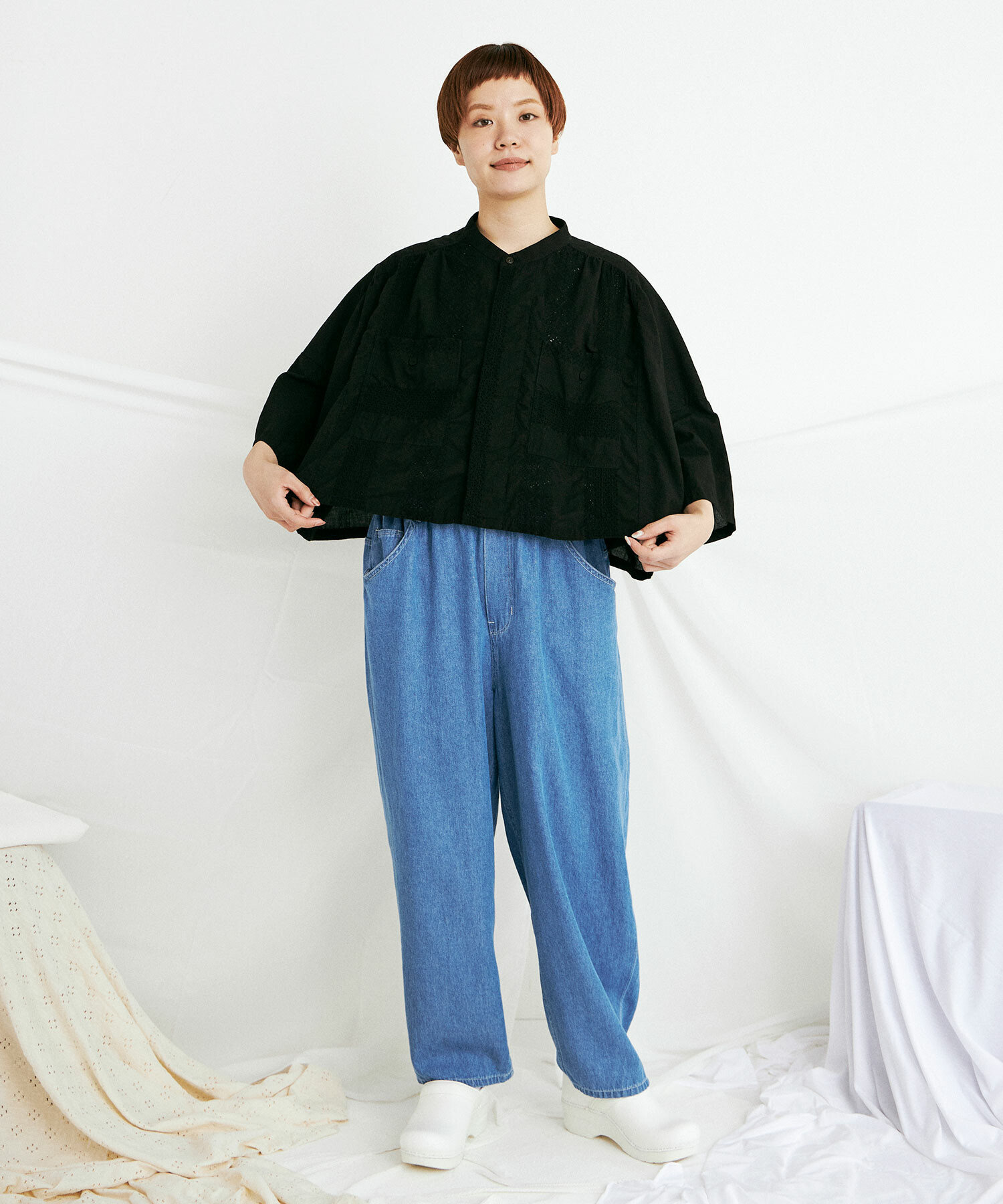 AMBIDEX Store LACE STRIPE刺繍 square ブラウス(F シロ): buoybuoy