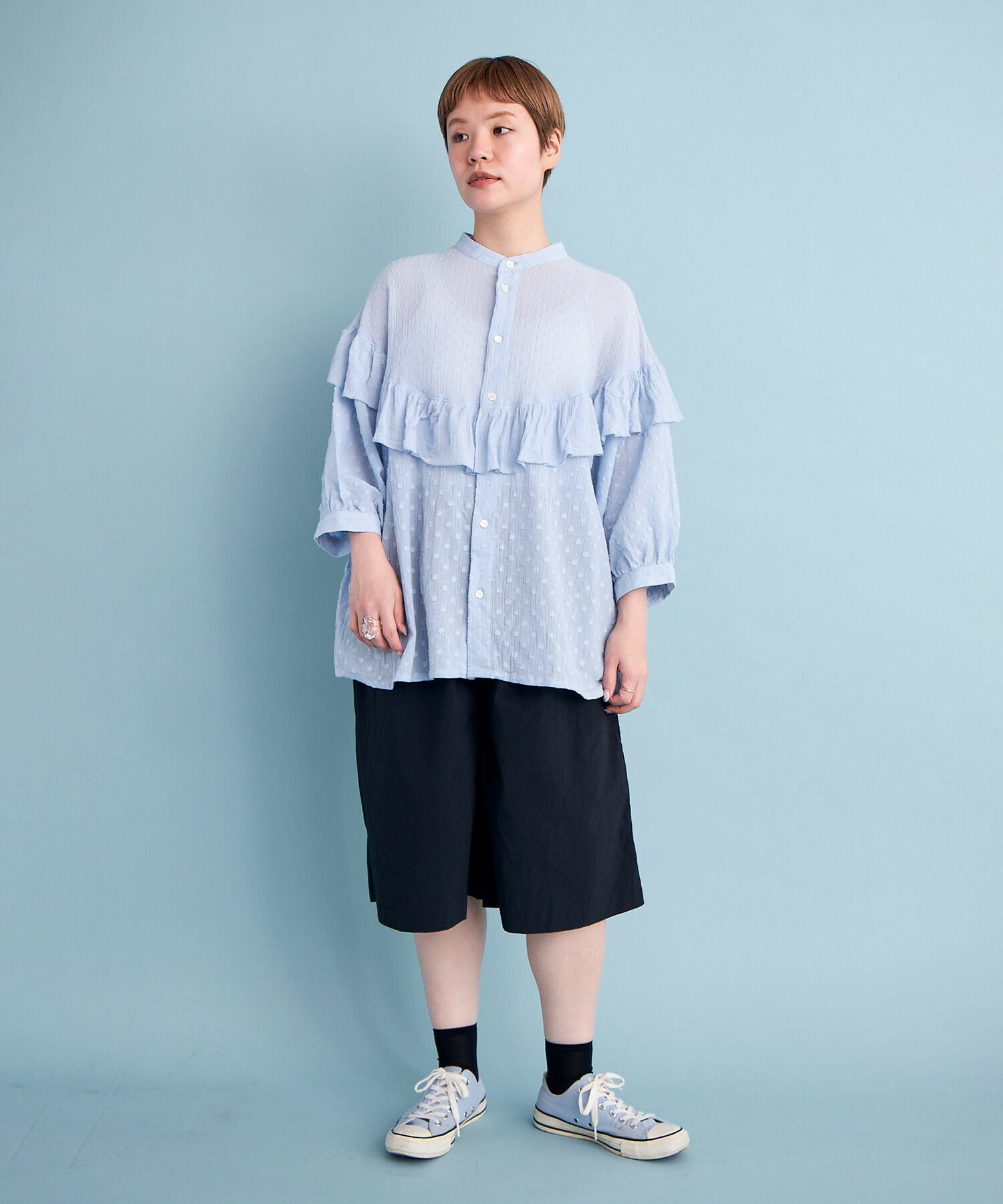 AMBIDEX Store DOT CUT DOBBY ROUND FRILL ブラウス(F WHITE): buoybuoy