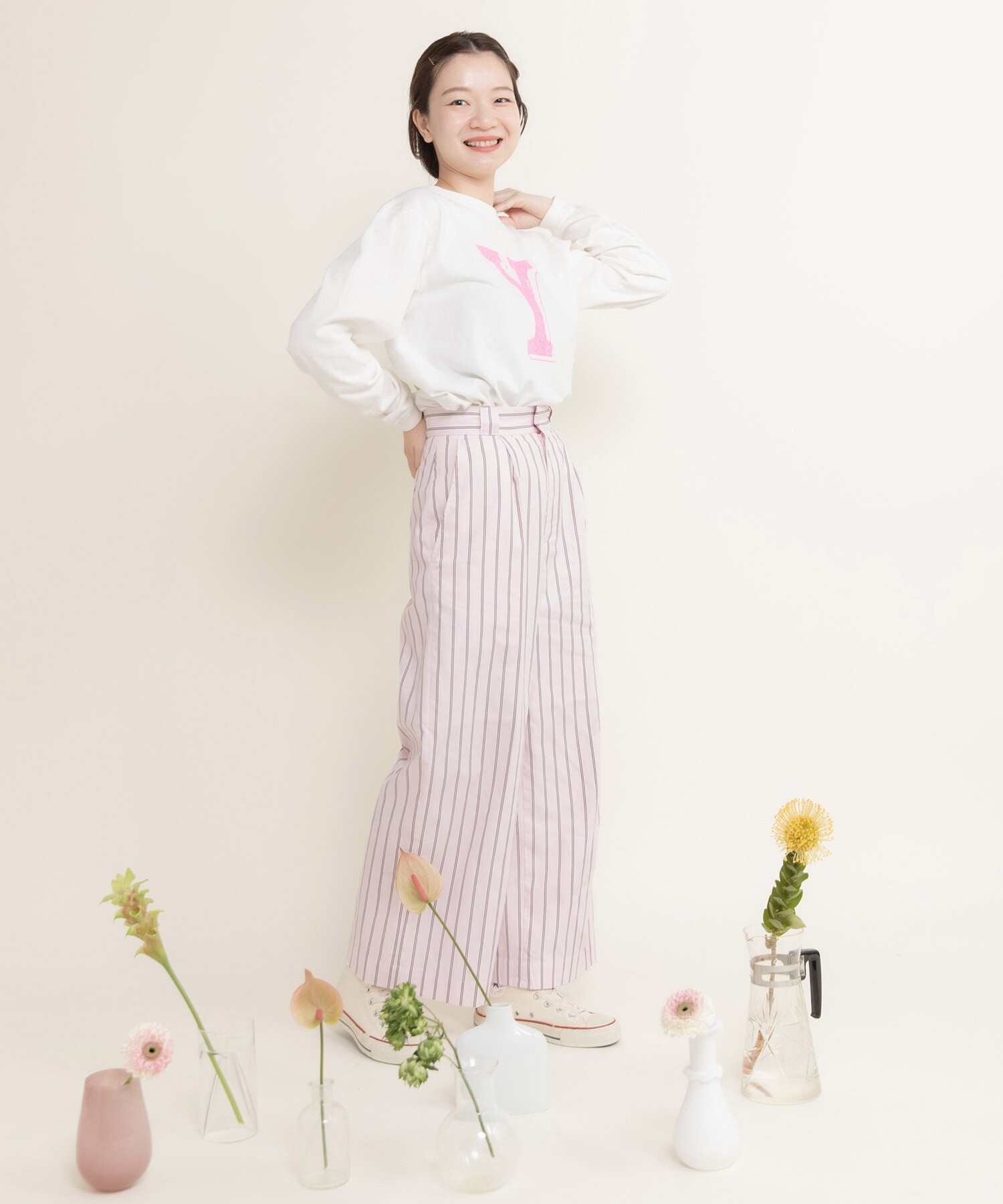 40/-オックスマルチストライプ センタープレスストレートパンツ