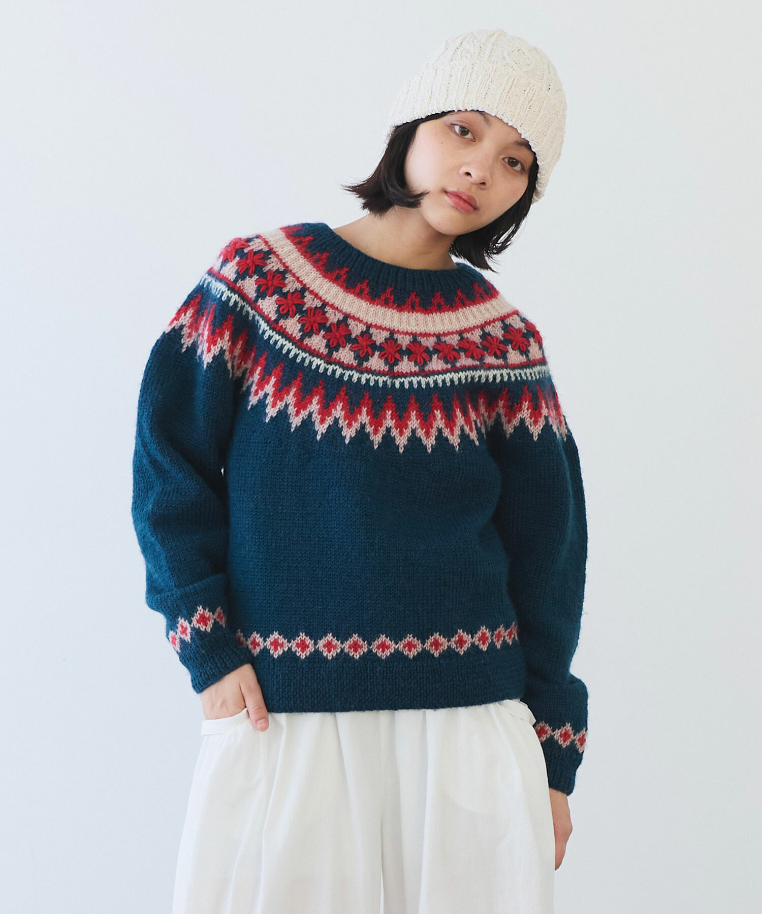 マークアンドロナ ジャガード バック スカル ニット ニットブルゾン  48 HAND-KNITTED ARAN KNIT(FREE SIZE Black): Y's for men｜THE