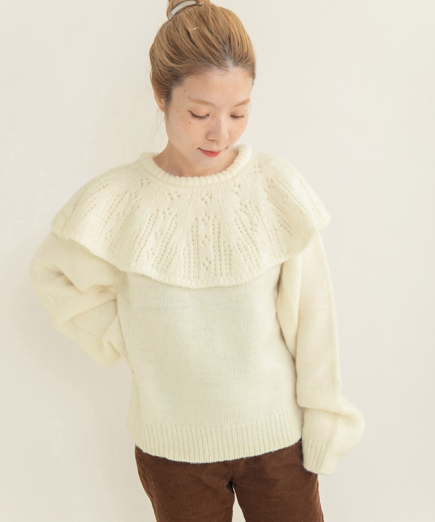 AMBIDEX Store ○1/3Wool 透かし編みケープ襟プルオーバー(F キナリ