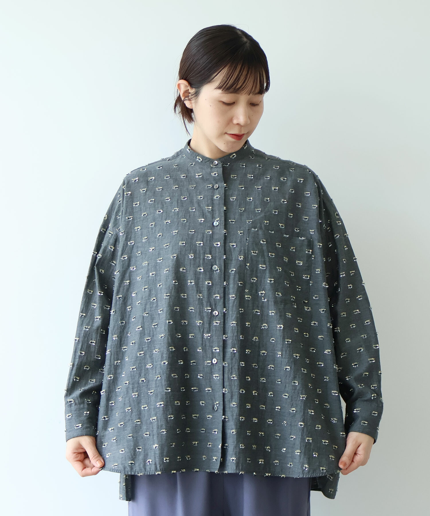 AMBIDEX Store Cotton/Nylon ラメジャカード wide シャツ(F コン): yuni