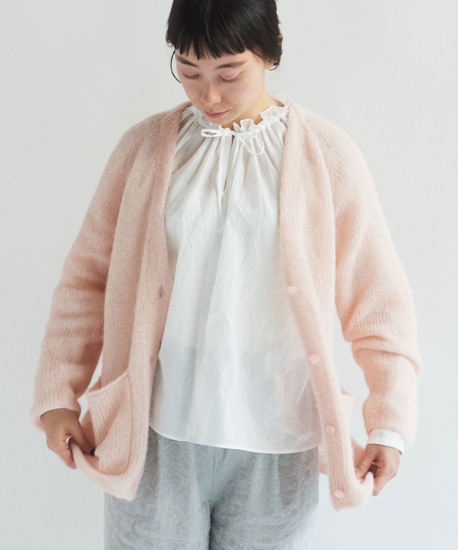 AMBIDEX Store ○Baby Alpaca/ナイロン 片畔カーディガン(F ピンク): yuni