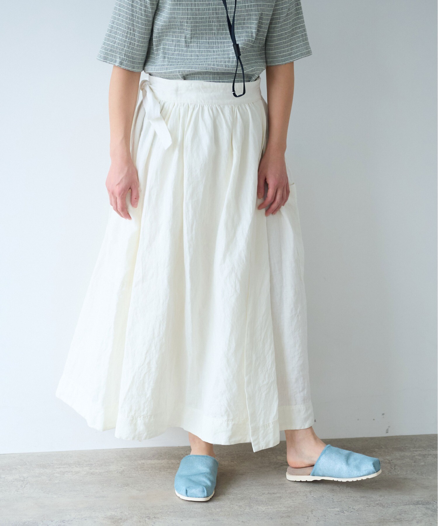 美品 自由区 ジユウク スカート ラップスカート リネンブレンド ストライプ セール】 【セットアップ対応】リネンライクフレアスカート