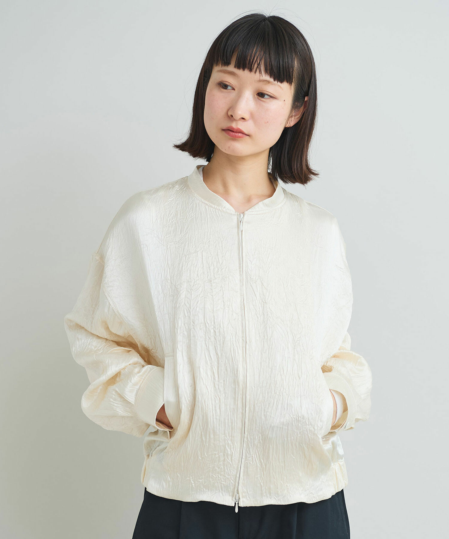 AMBIDEX Store 〇アセテートシワサテン ジップ ブルゾン(F クロ