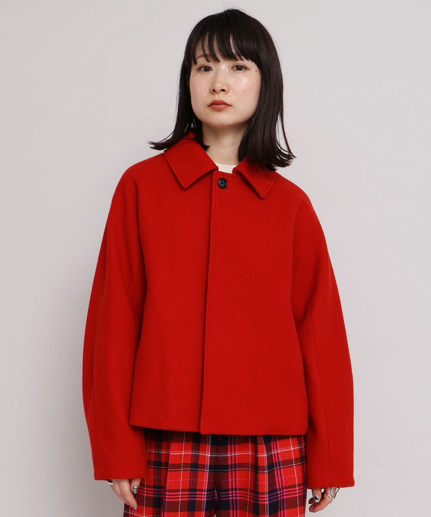 AMBIDEX Store ウールメルトン ステンカラー ショート丈 コート(F アカ