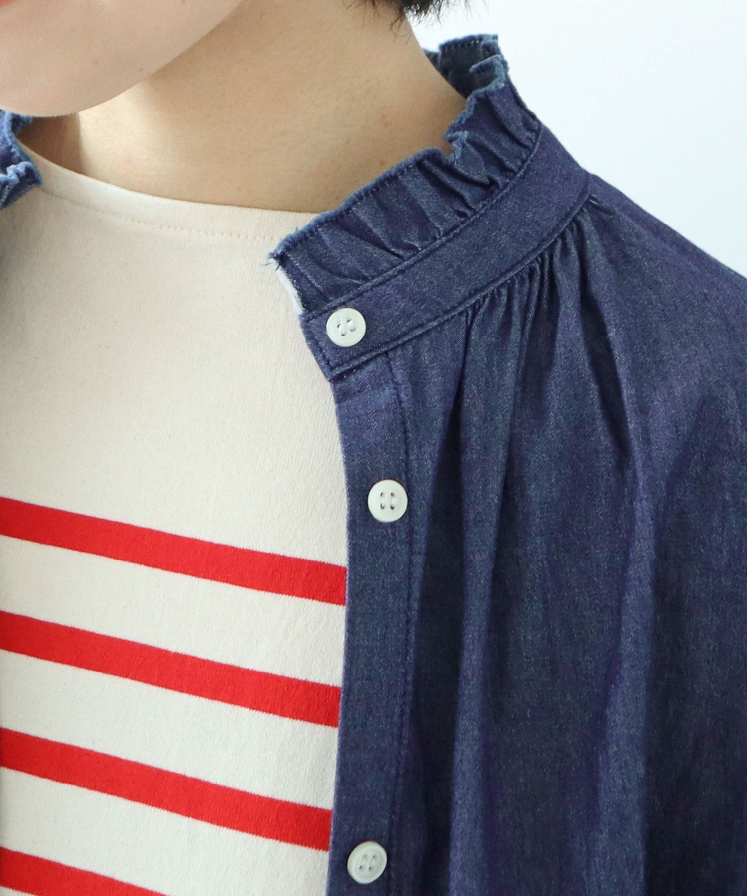 AMBIDEX Store ○ライトオンスデニム スタンドフリルブラウス(F