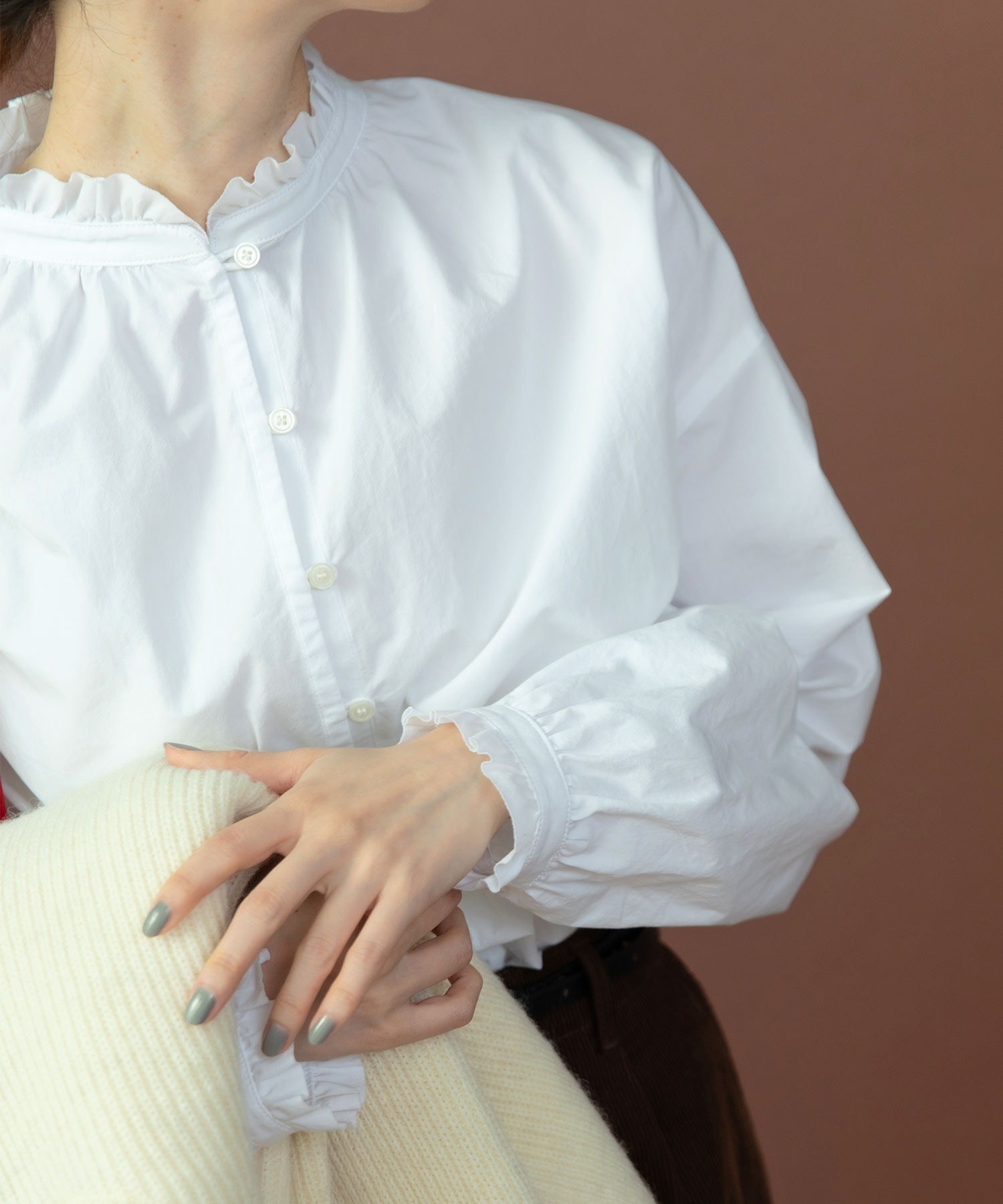 AMBIDEX Store △○グランジウォッシュ スタンドフリルブラウス(F シロ