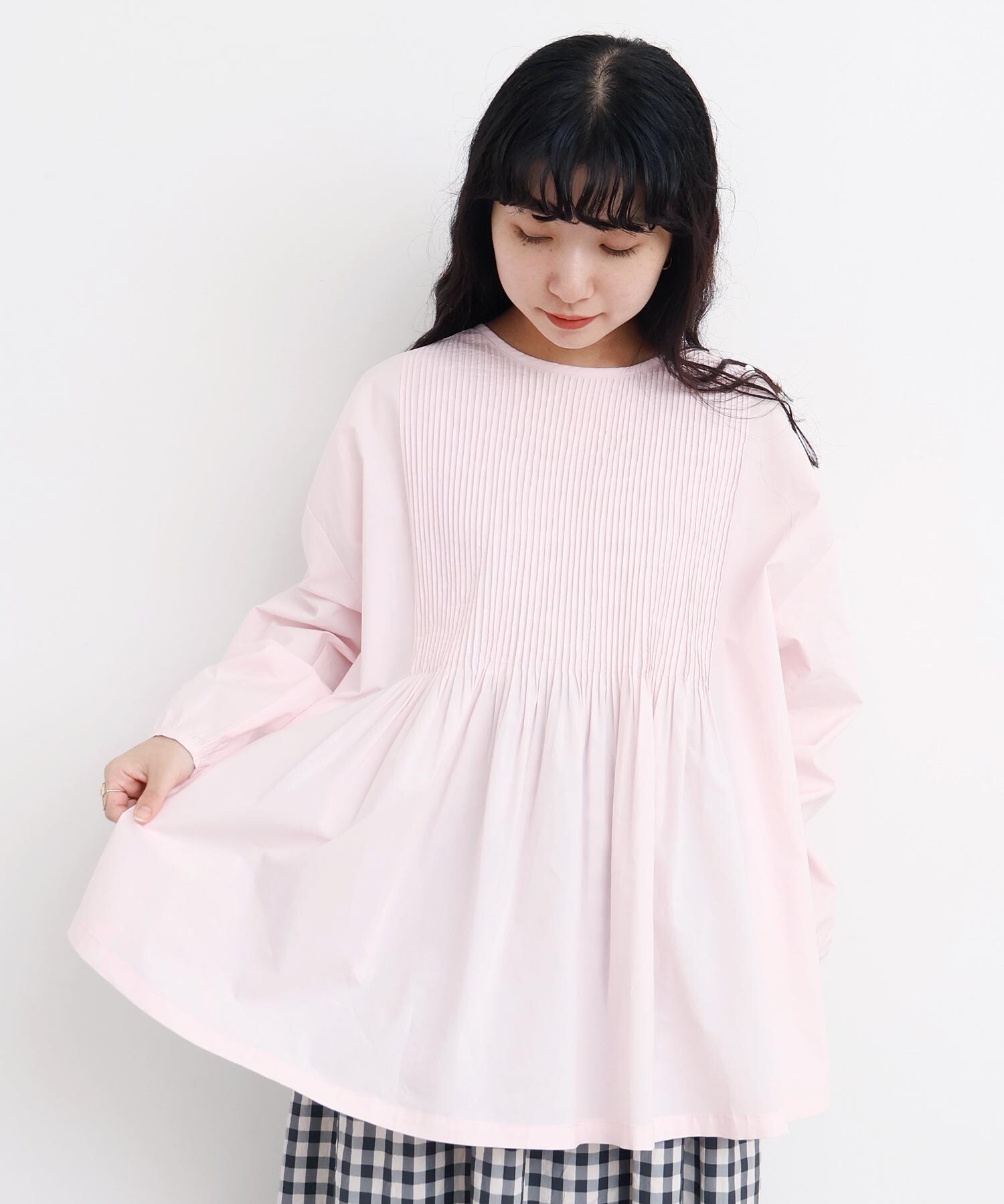 l'atelier du savon ⿻ ピンタック ブラウス フレア コットン AMBIDEX Store バスクシャツみたいなピンタックブラウス(F ピンク): l
