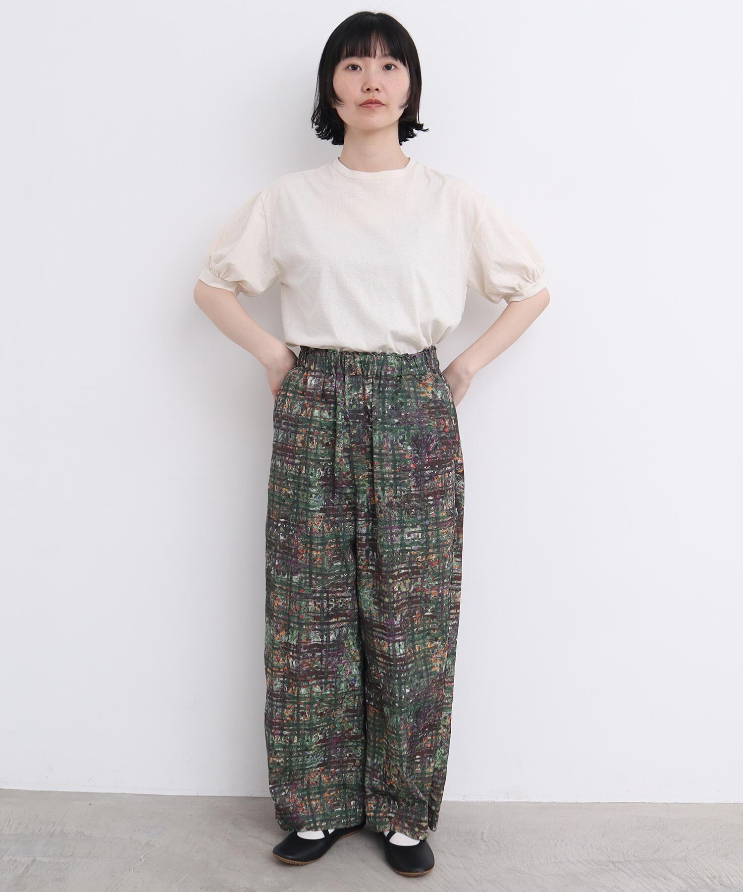 AMBIDEX Store ○check × hana 手描きプリントパンツ (F コゲチャ): l