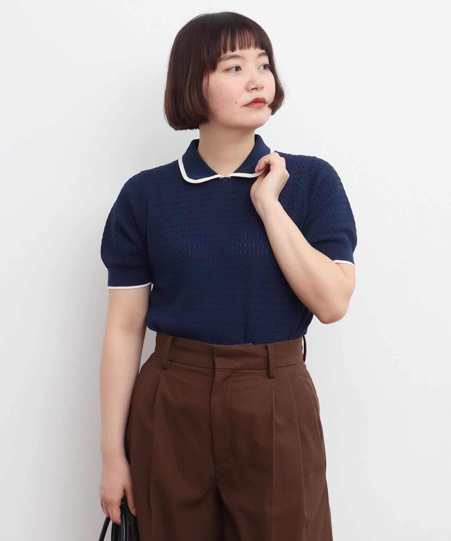 AMBIDEX Store 【予約販売】○coolcottonケーブル編み 丸襟半袖