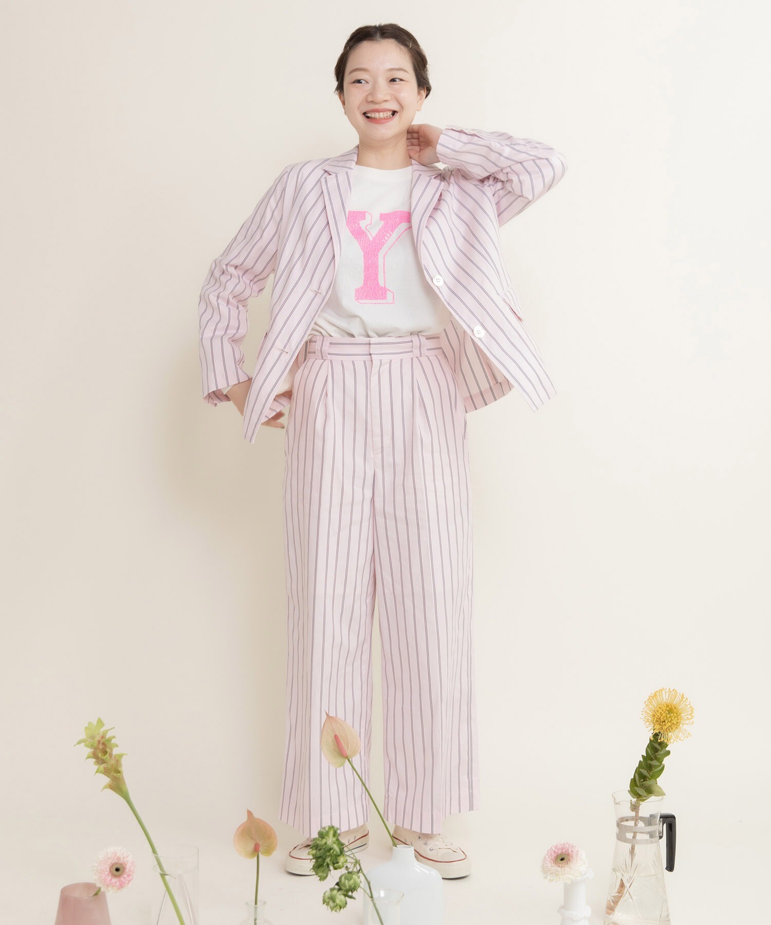 40/-オックスマルチストライプ センタープレスストレートパンツ