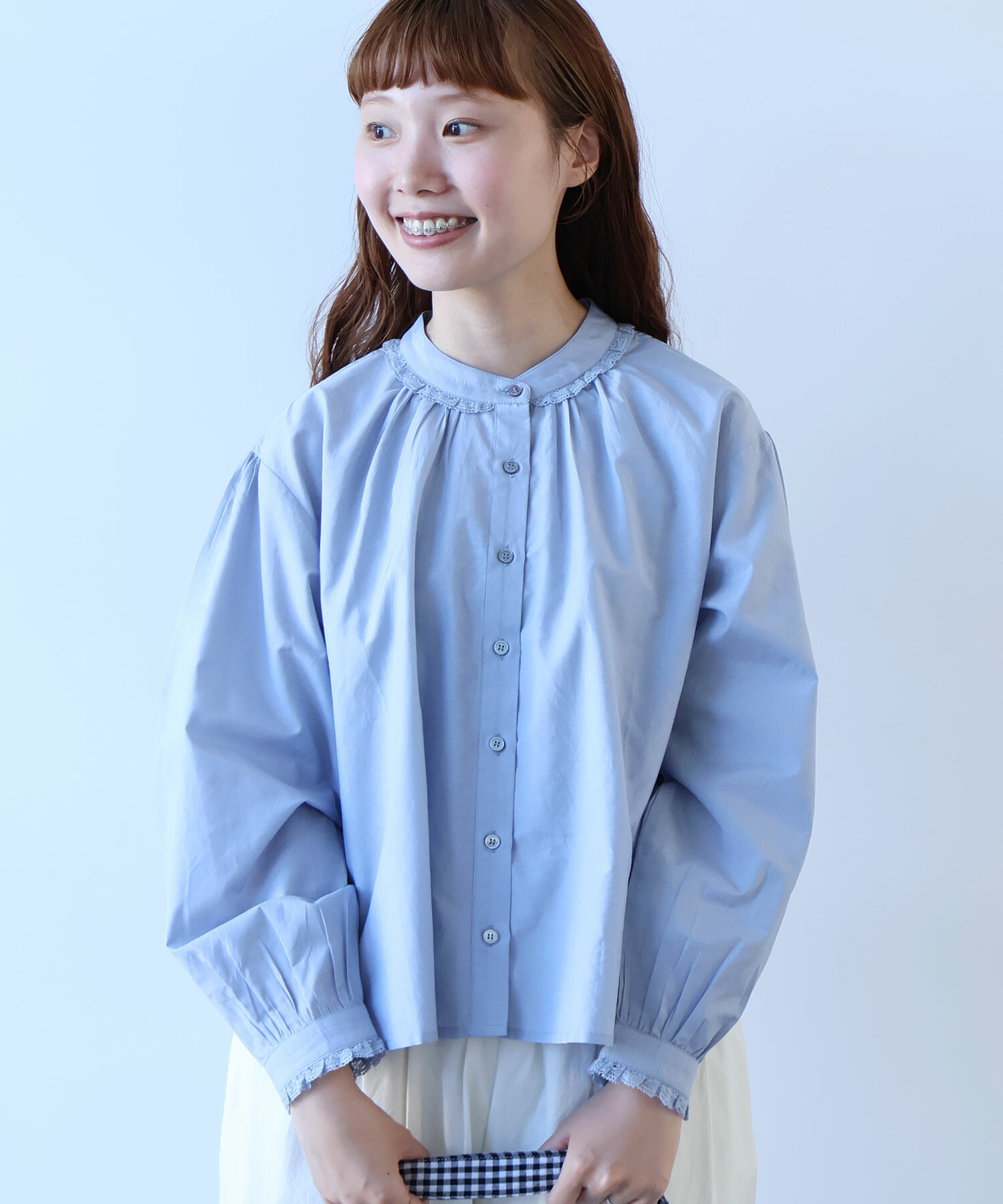 AMBIDEX Store 〇 コットン / シルク lace ギャザーブラウス(F ブルー