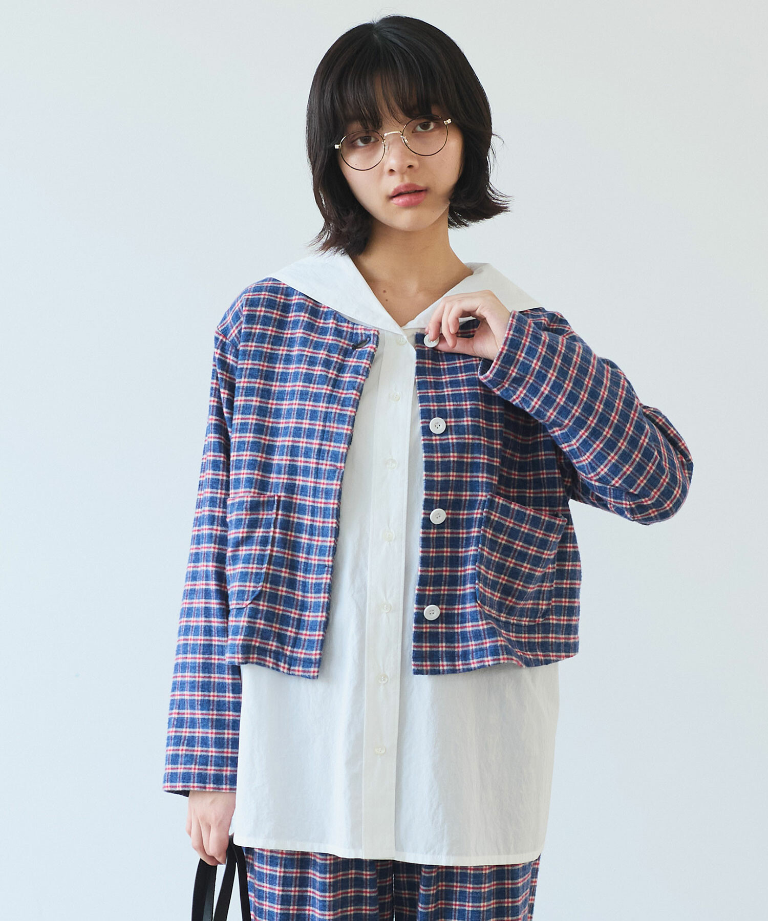 AMBIDEX Store ○ mini チェック ノーカラーブラウス(F アオチェック