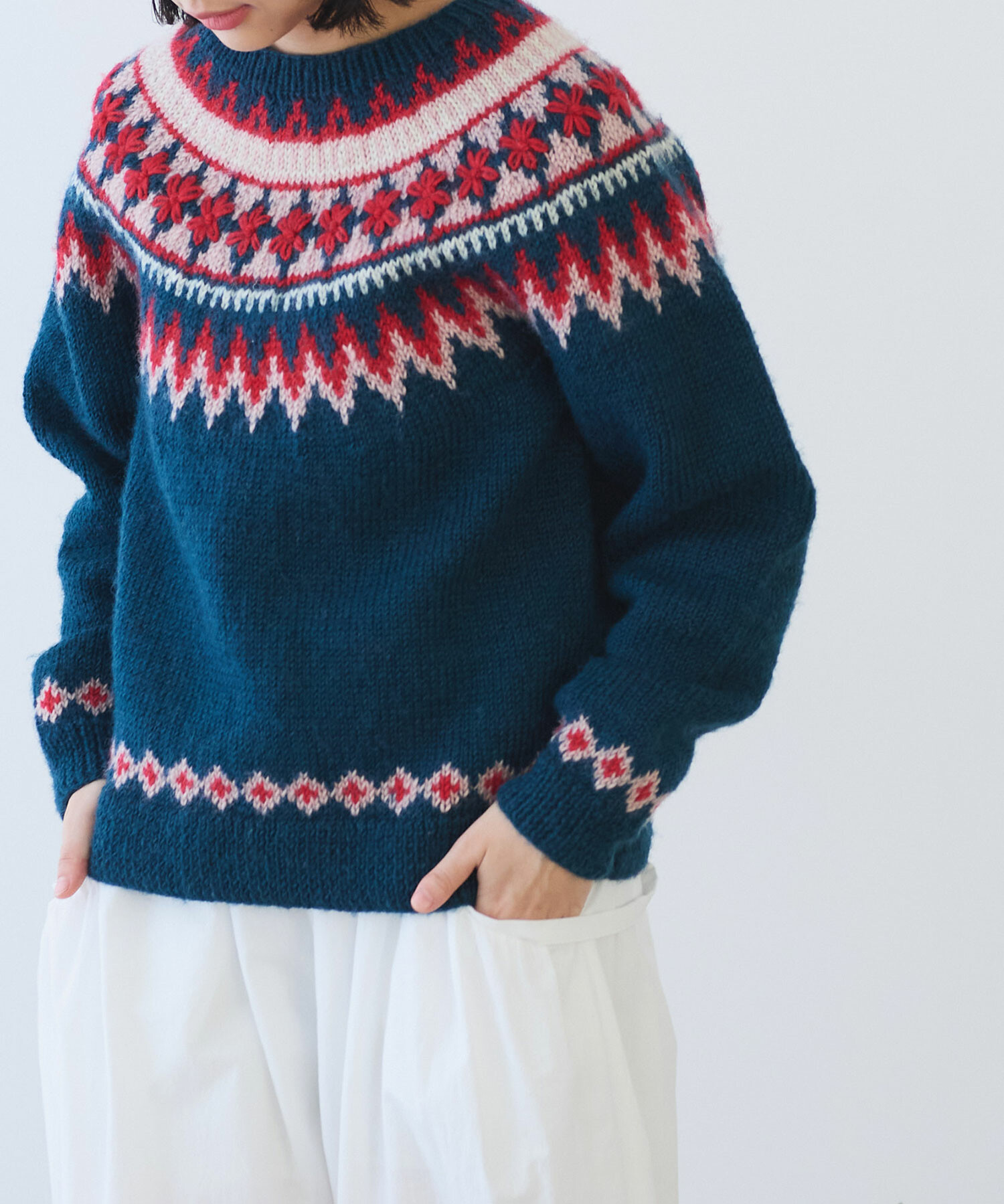 Leilian春夏サマーニットトップスプルオーバー ツィードジャガード刺繍ブルー セール】ハート刺繍ニットプルオーバー（ニット/セーター