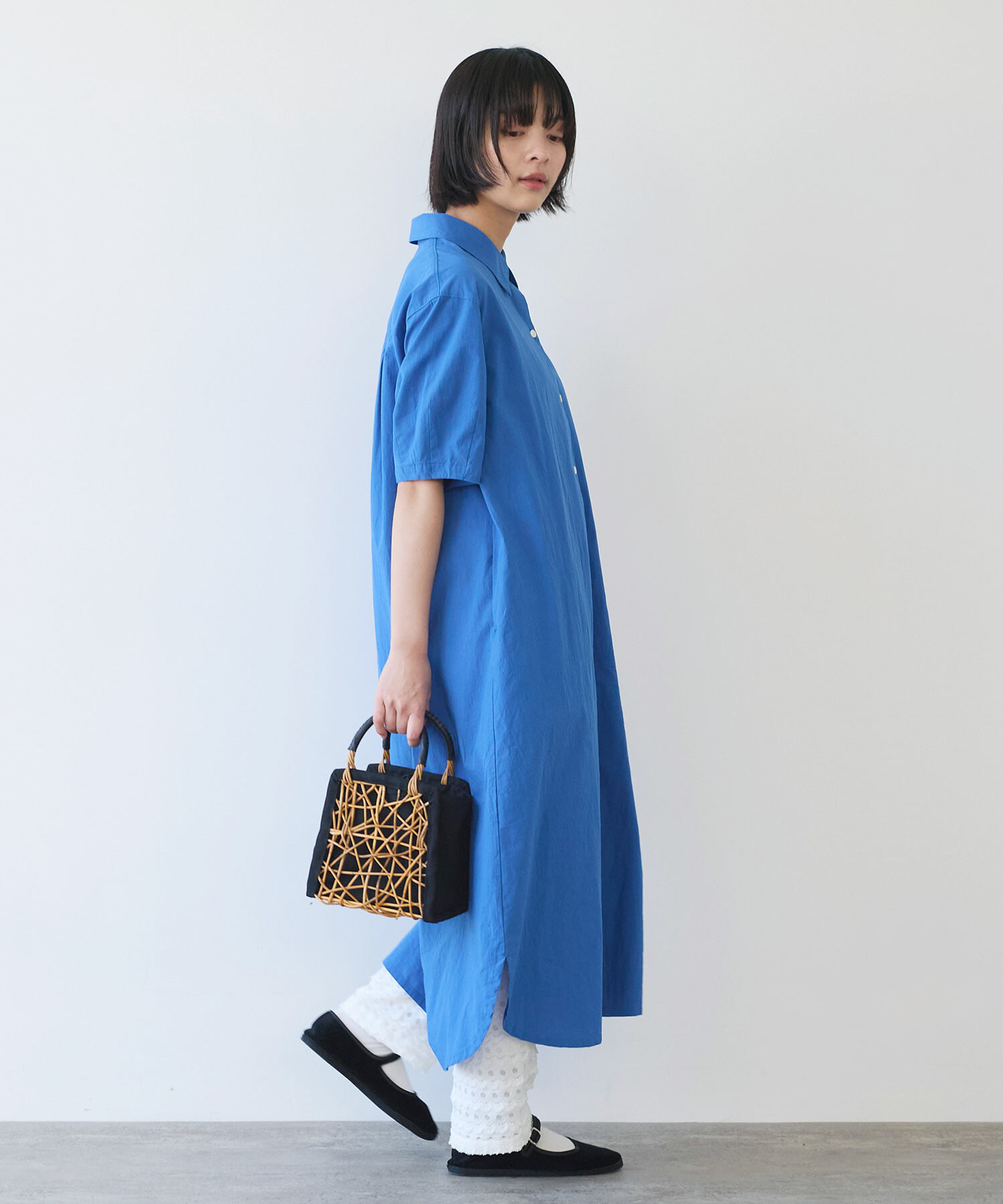 グラデーション 半袖 Tシャツ ワンピース AMBIDEX Store 〇 強撚ポプリン 半袖 シャツワンピース(F シロ