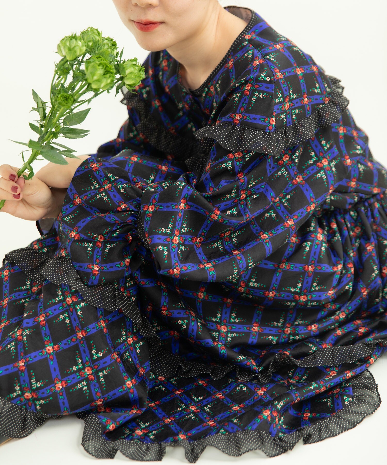 チェックフラワープリント フリルティアードワンピース