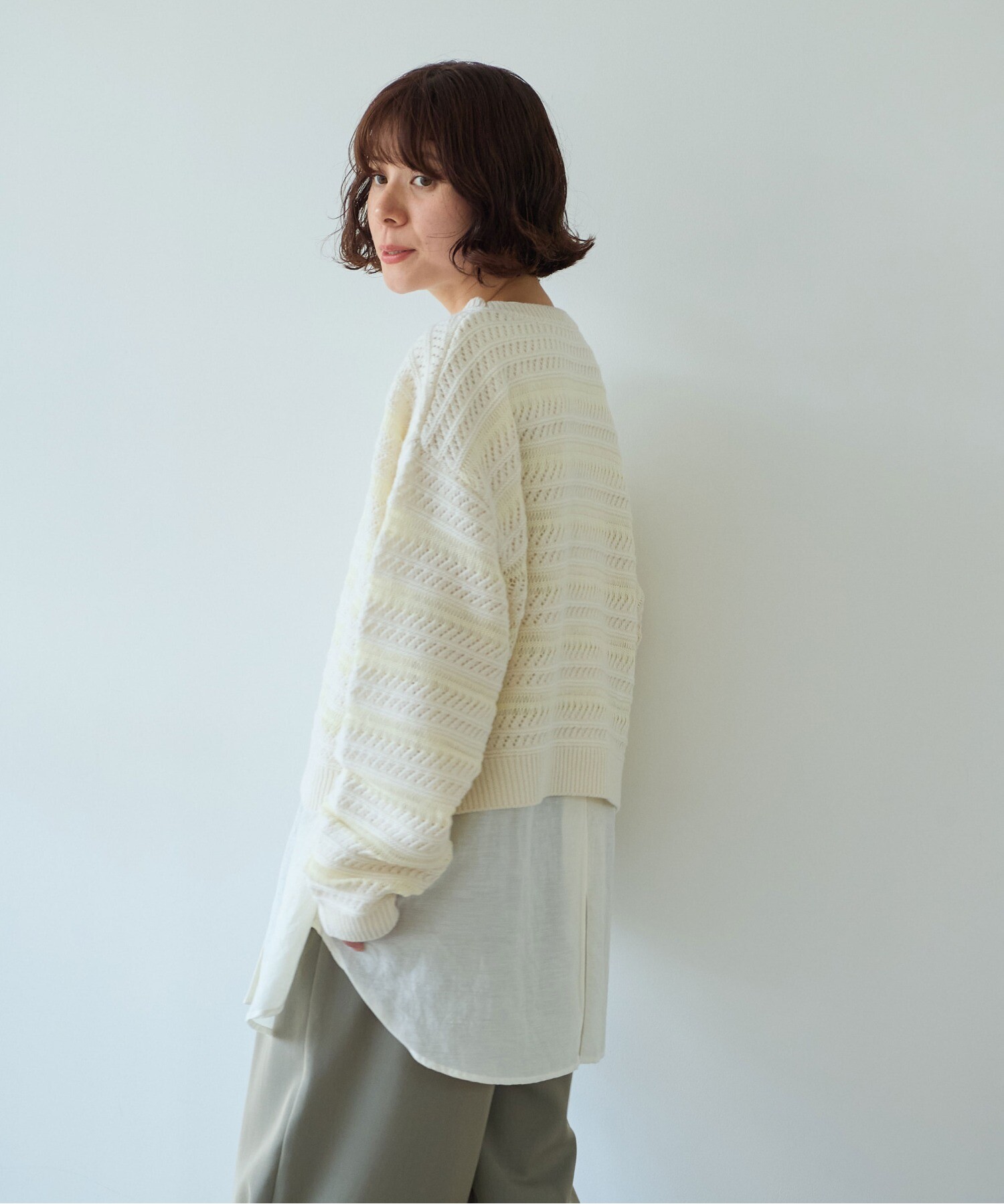 AMBIDEX Store ○ウールコットン透かし編み short プルオーバー(F クロ