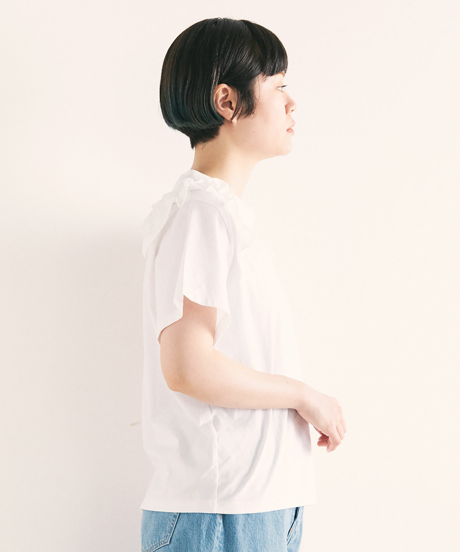 AMBIDEX Store ○PREMIUM天竺 SHOULDER FRILL プルオーバー(F WHITE 