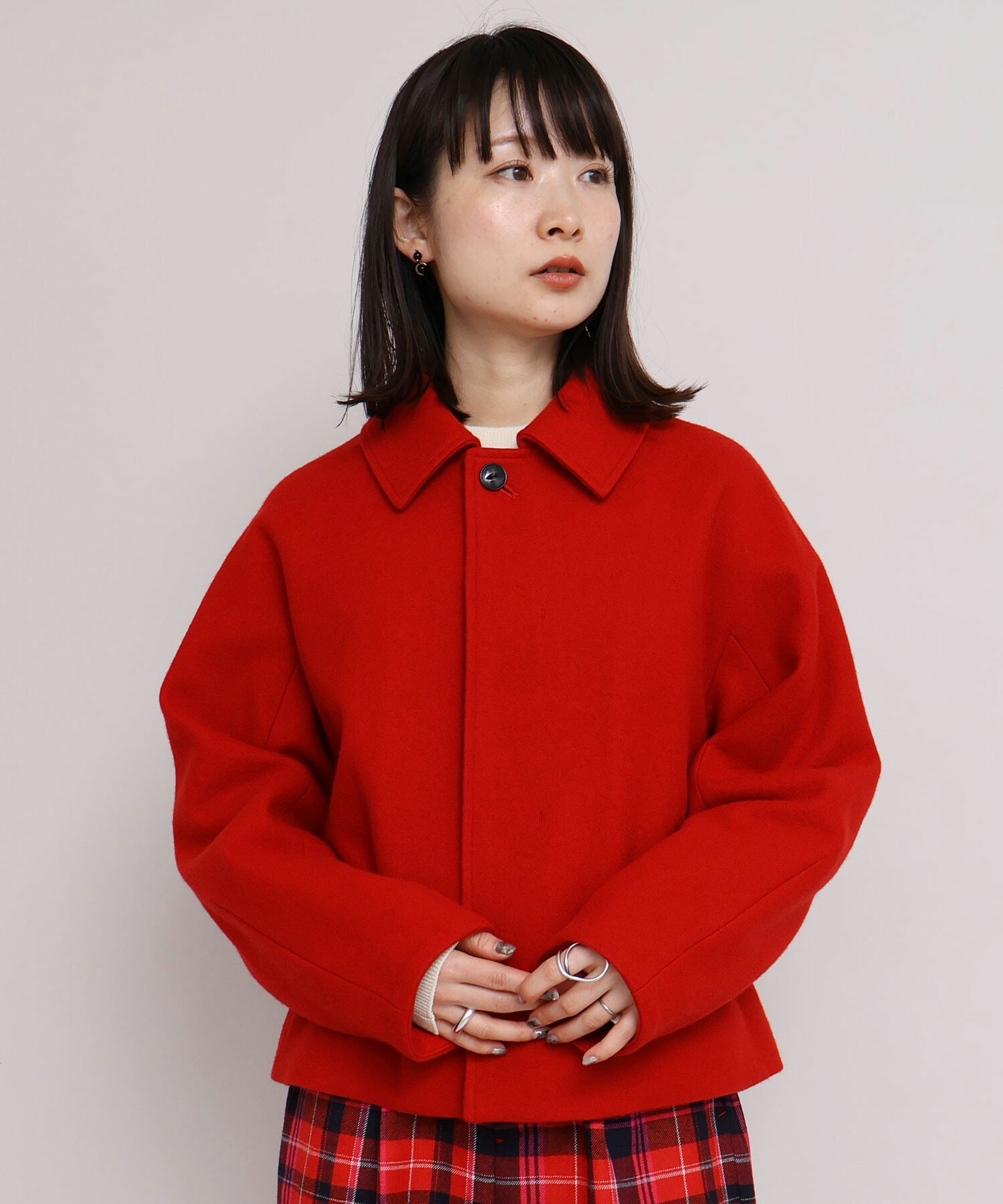 AMBIDEX Store ウールメルトン ステンカラー ショート丈 コート(F アカ