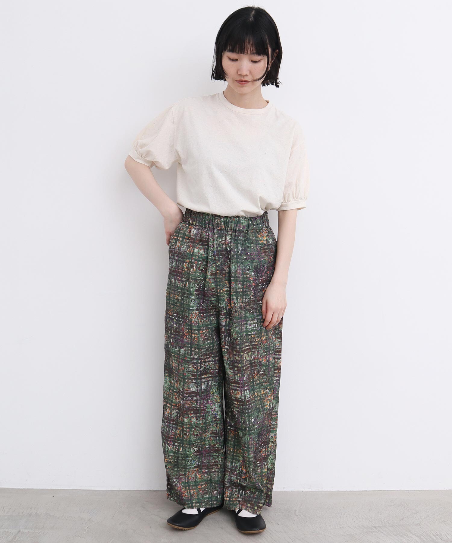 AMBIDEX Store ○check × hana 手描きプリントパンツ (F グリーン): l