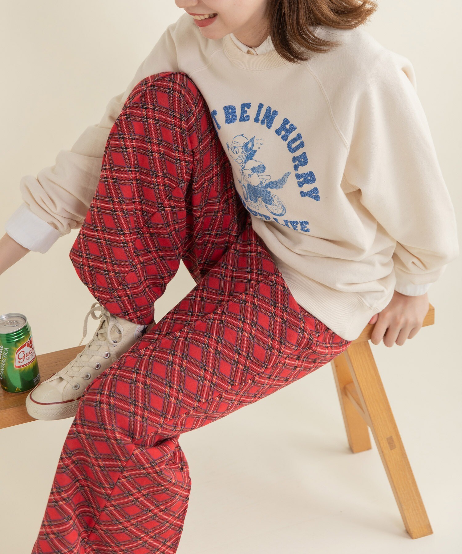 AMBIDEX Store チェック柄キルトジャカード イージーパンツ(F アカ