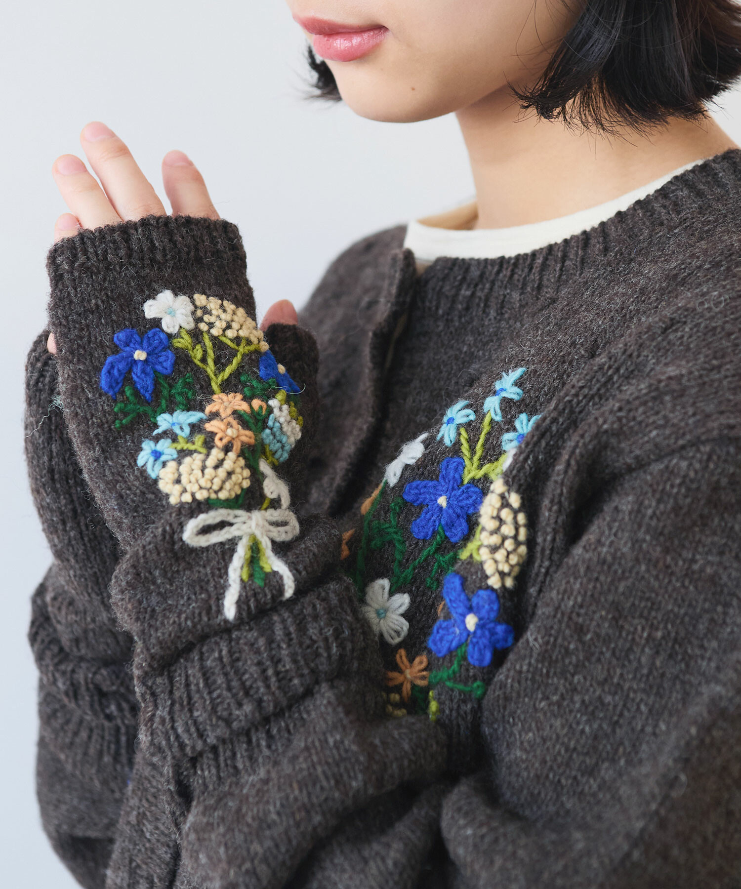 AMBIDEX Store 〇 ペルーハンドニット ブーケ刺繍 グローブ(F コゲチャ