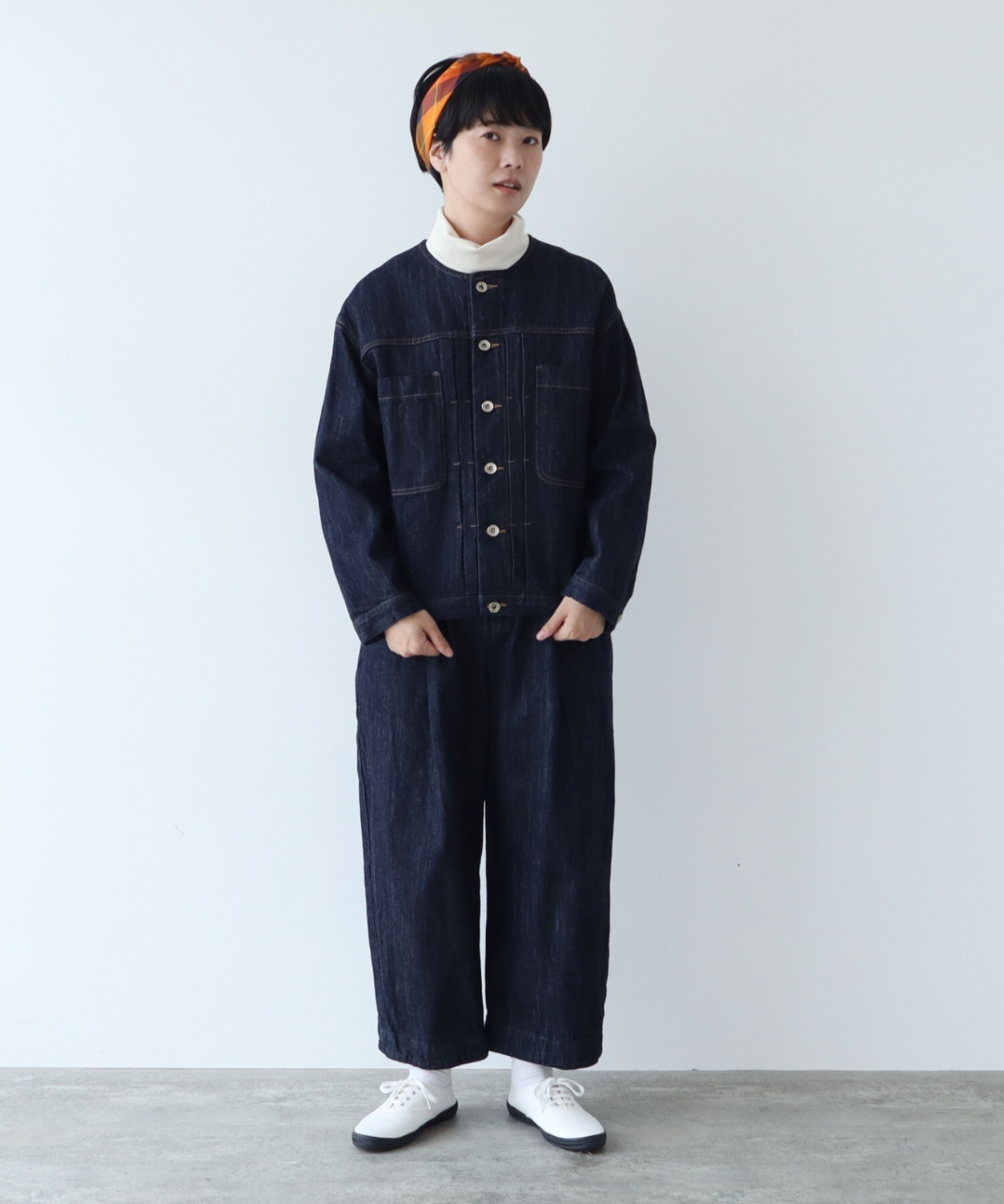 yuni コットンデニムノーカラーブルゾン yuni デニムジャケット gジャン cotton denim ノーカラー