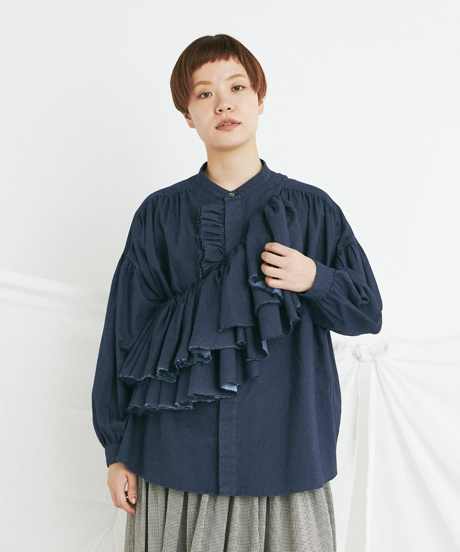 AMBIDEX Store 綿サテンピグメント染 FRILL シャツ(F DENIM): buoybuoy