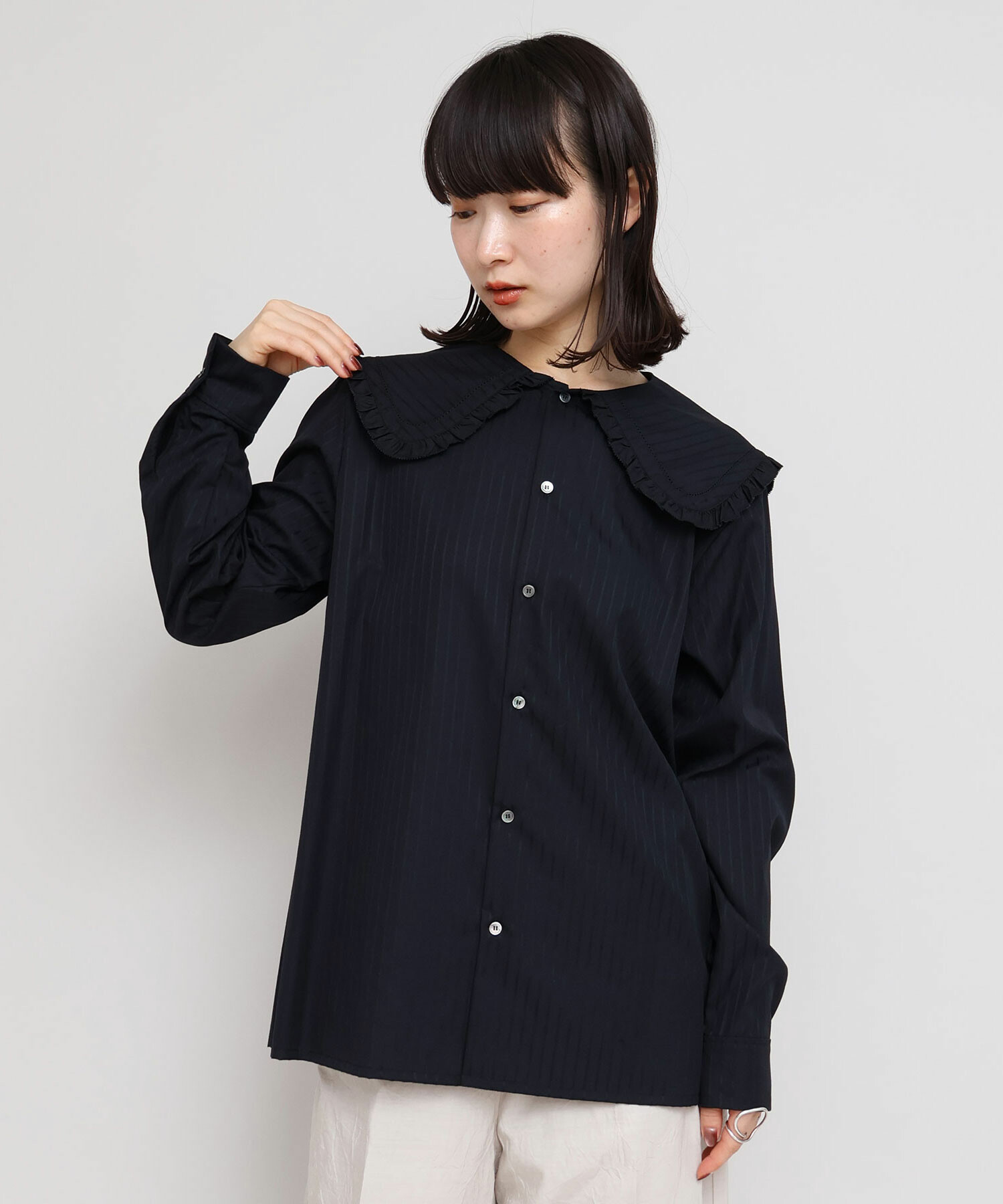 AMBIDEX Store 〇100/2ドビーストライプ フリルフラットカラー シャツ